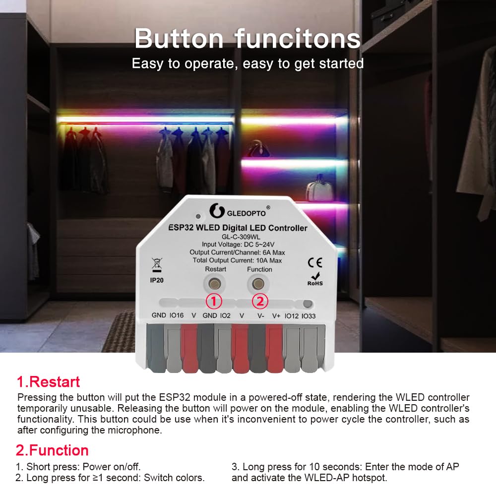 Sogledwow GLEDOPTO ESP32 Mini LED Controller DC 5-24V RGB IC Model GL-C-309WL for Addressable Strip Lights