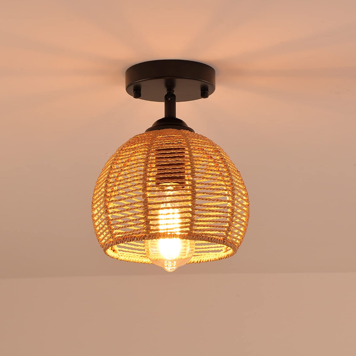 Fivess Lighting Rustic Hemp Rope Flush Mount Light Fixture Basket Sloped Woven Small Semi Flush Mount Ceiling Light for Hallway 