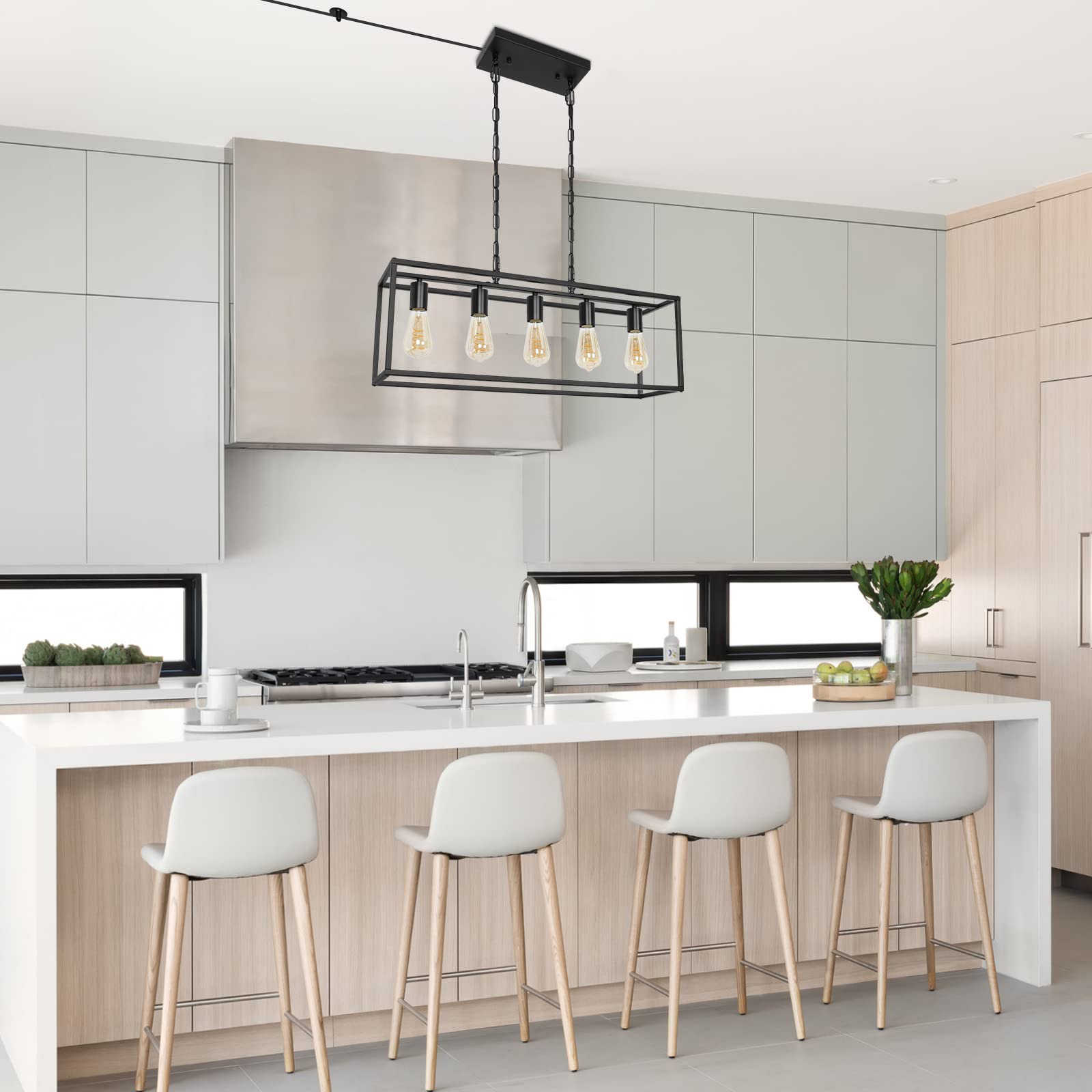 Black Farmhouse Plug In Kitchen Island Lighting  Industrial Modern 5-Light Linear Chandelier With 17.5Ft Cord  Rectangular Light Fixtures For Dining Living Room Bar