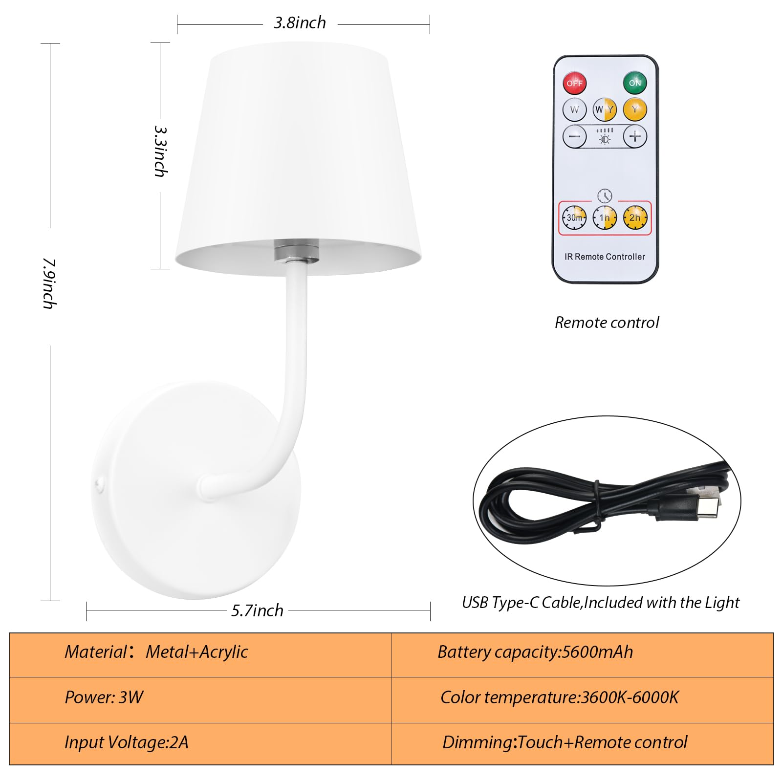 IMQSQIK LED Wall Lamp Set of 2, Rechargeable 5600mAh, Touch Control, White, Model RQ-14-2Pack