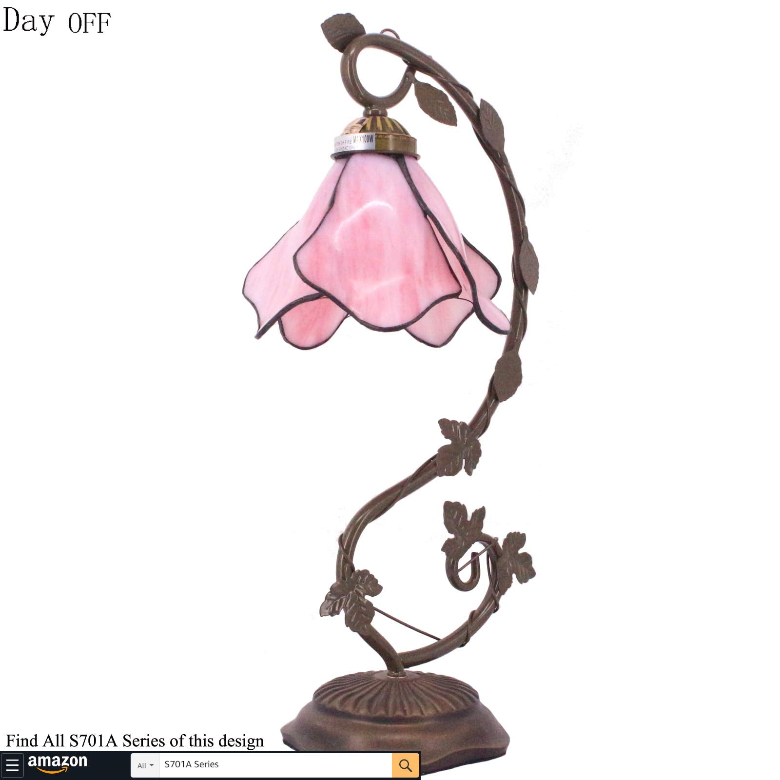 WERFACTORY Tiffany Lamp - Pink Stained Glass Table Lamp, 8X10X21 Inches, Metal Leaf Design for Bedroom & Home Office, S701 Series