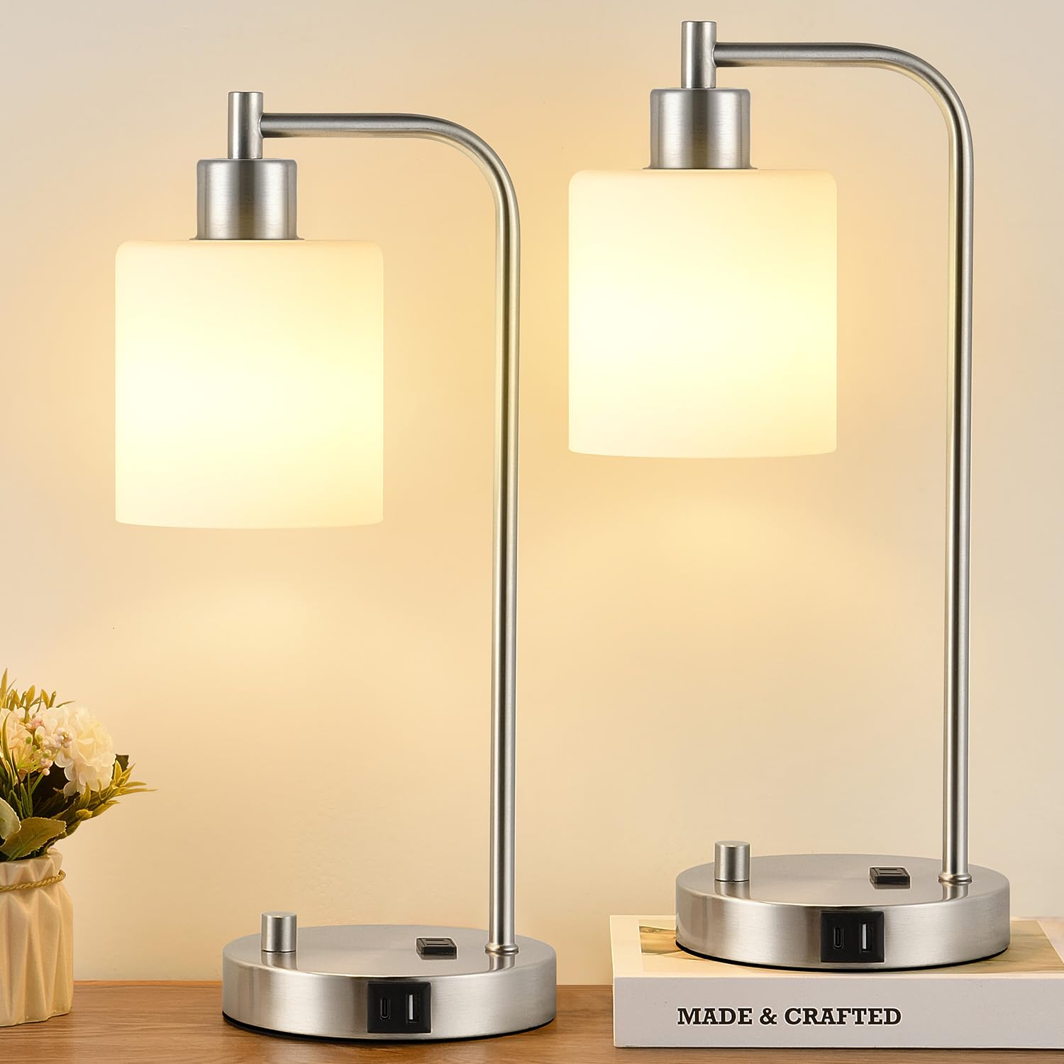 Lynnoland Set Of 2 Industrial Table Lamps With Usb C+A Ports And Outlet, Brushed Nickle Fully Stepless Dimmable Bedside Lamps, N