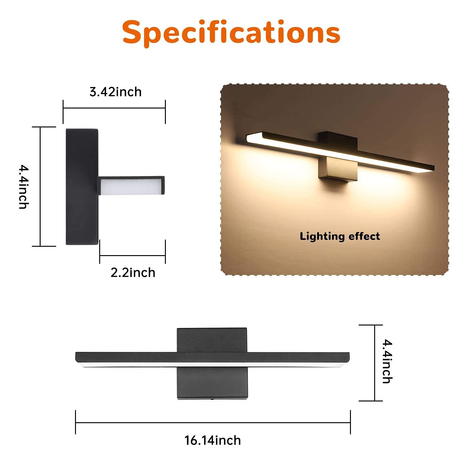 Jusheng 16" Matte Black Bathroom Vanity Light Fixture - Modern Wall Sconce For Mirror & Bedroom