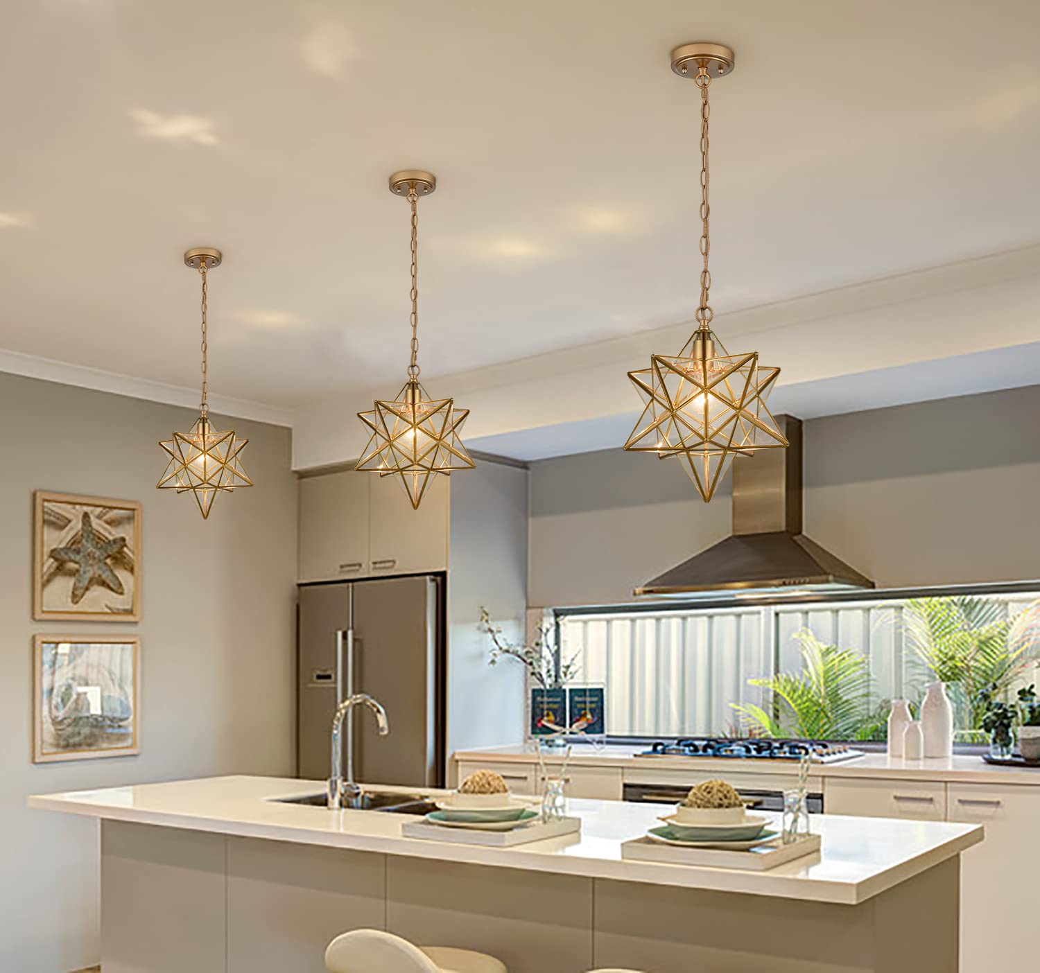 Danseer 14-Inch Moravian Star Brass Pendant Light With Clear Glass Shade