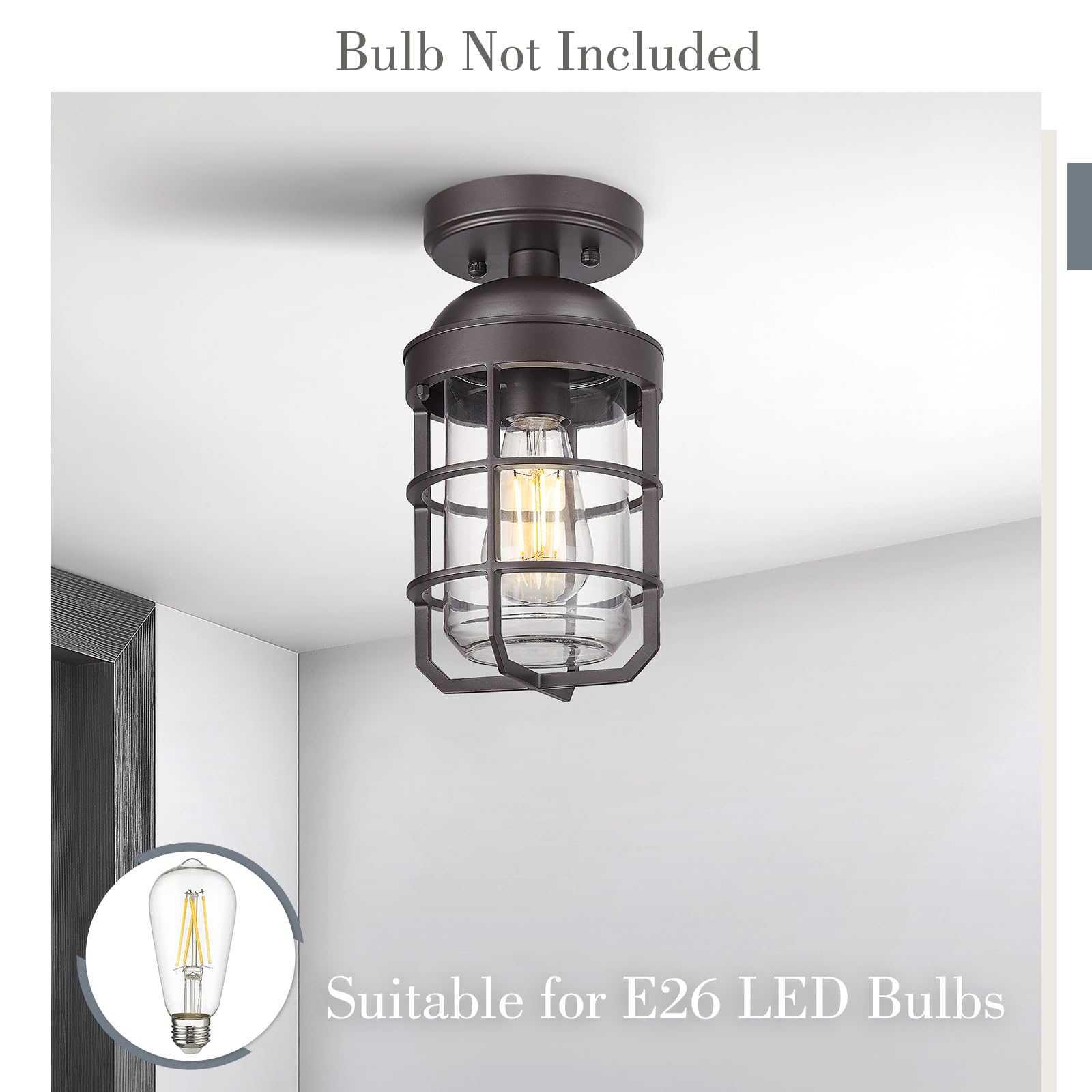 Emliviar Semi Flush Mount Ceiling Light Fixtures, 2 Pack, Oil Rubbed Bronze, Clear Tempered Glass Shade, Model GE255LF-2PK ORB