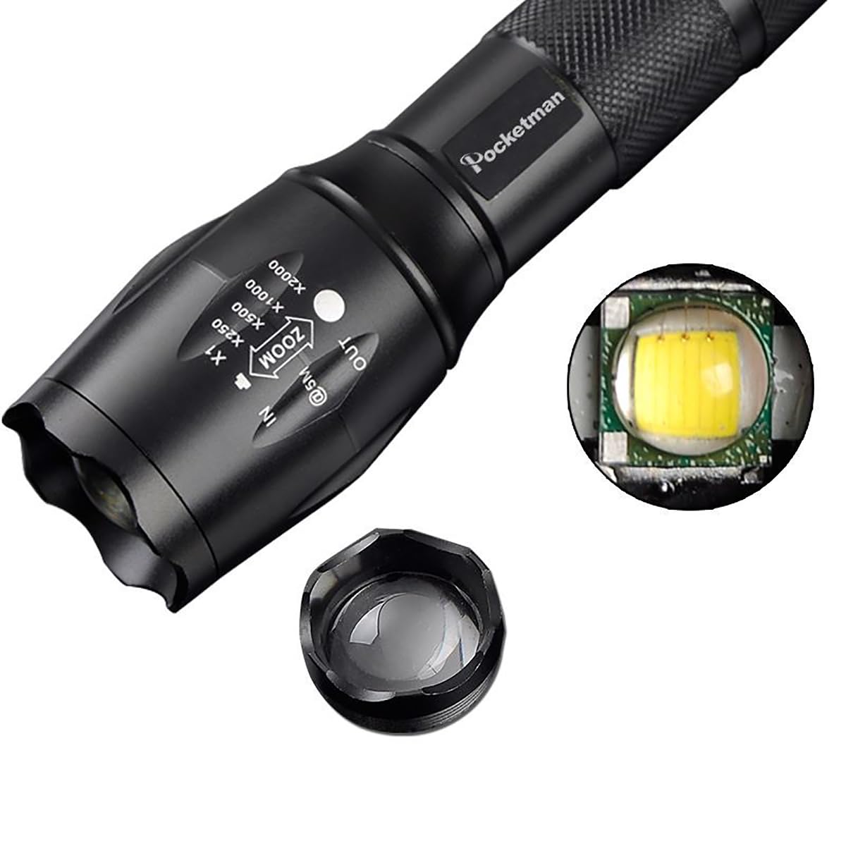 Pocketman LED Tactical Flashlight, 2000 Lumen, Water Resistant, 5 Light Modes, Aluminum, 10 Pack