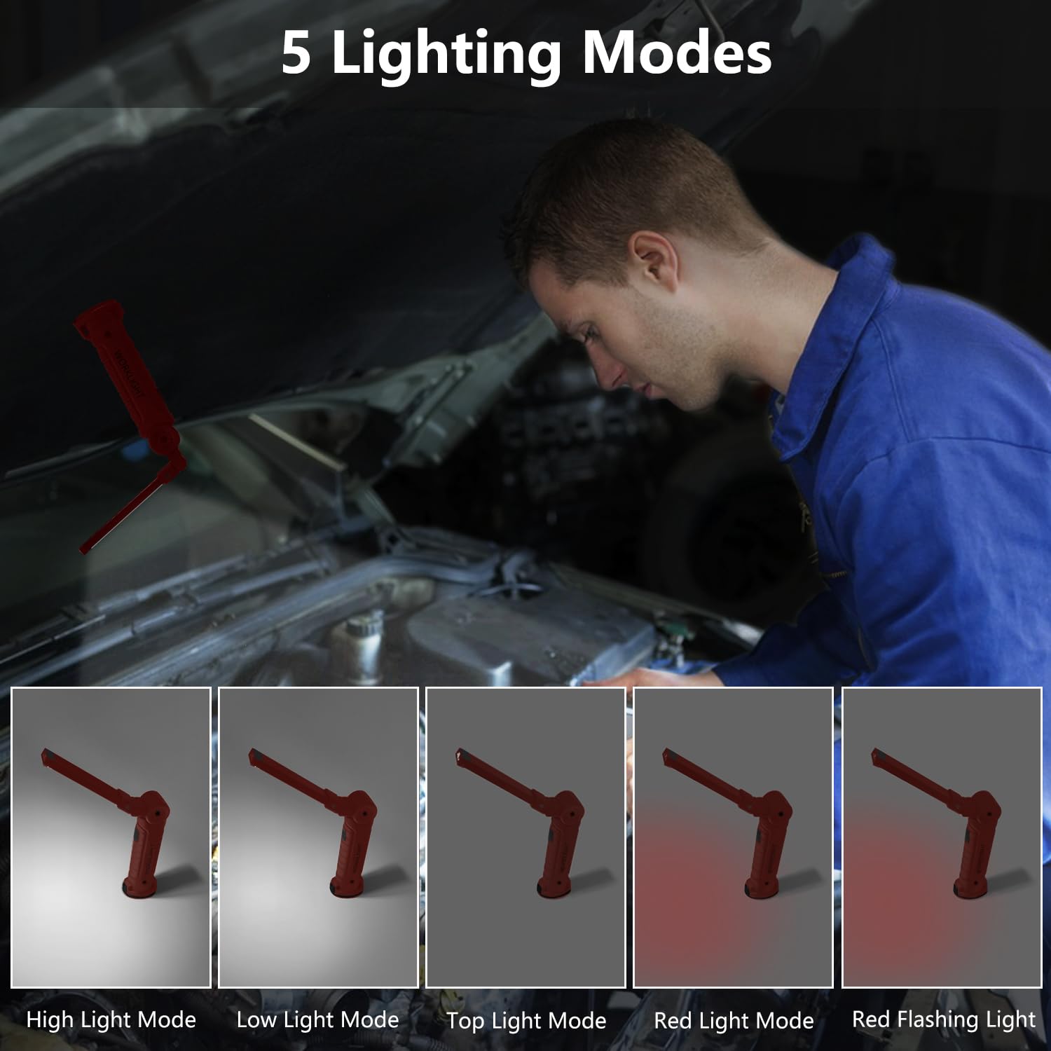 Working Light Portable, Rechargeable Work Lights With Magnetic Base Hanging Hook,360 Rotate 5 Modes,Cob Led 800 Lumens Foldable