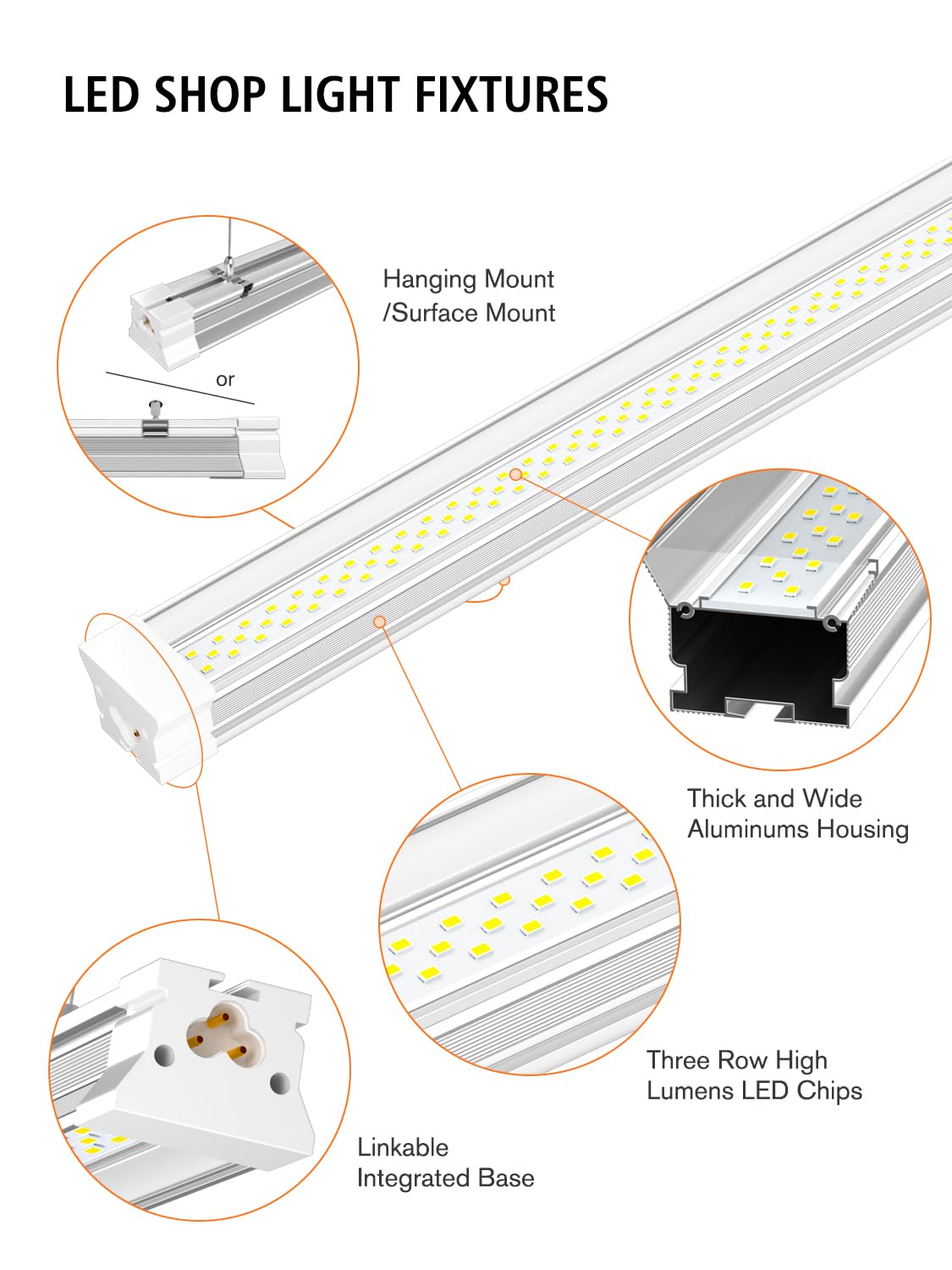 Onlylux 8 Pack 4Ft Linkable Led Shop Light For Garage, Workshops, 6500K Cool Daylight 50W (300W Equivalent), Plug And Play, Hang
