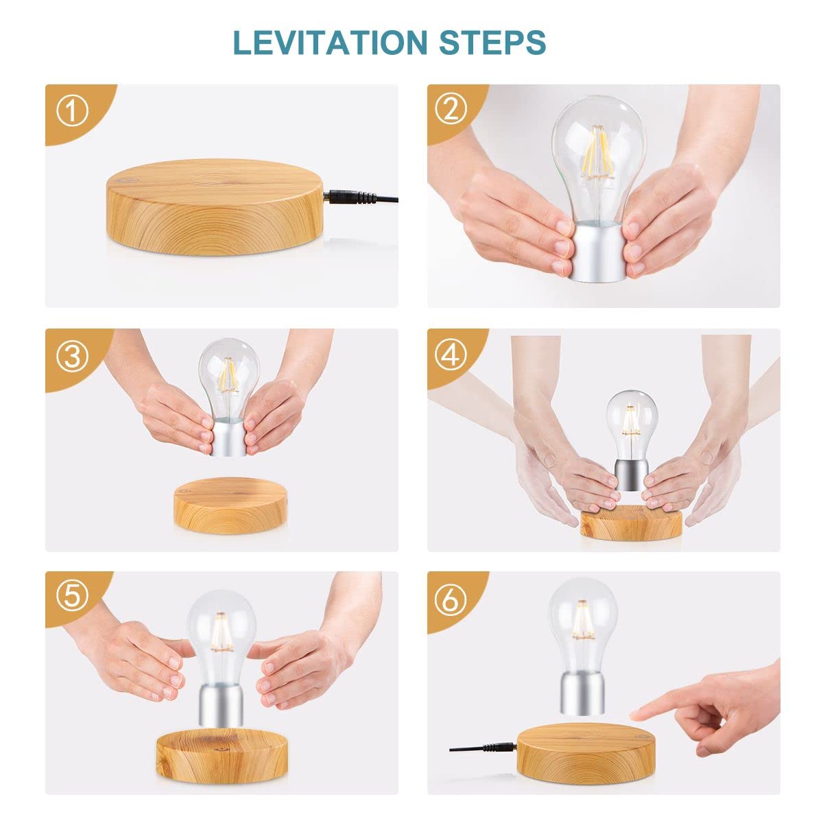 VGAzer Magnetic Levitating LED Light Bulb Desk Lamp, Round Wooden Base, Yellow, Unique Home Office Decor