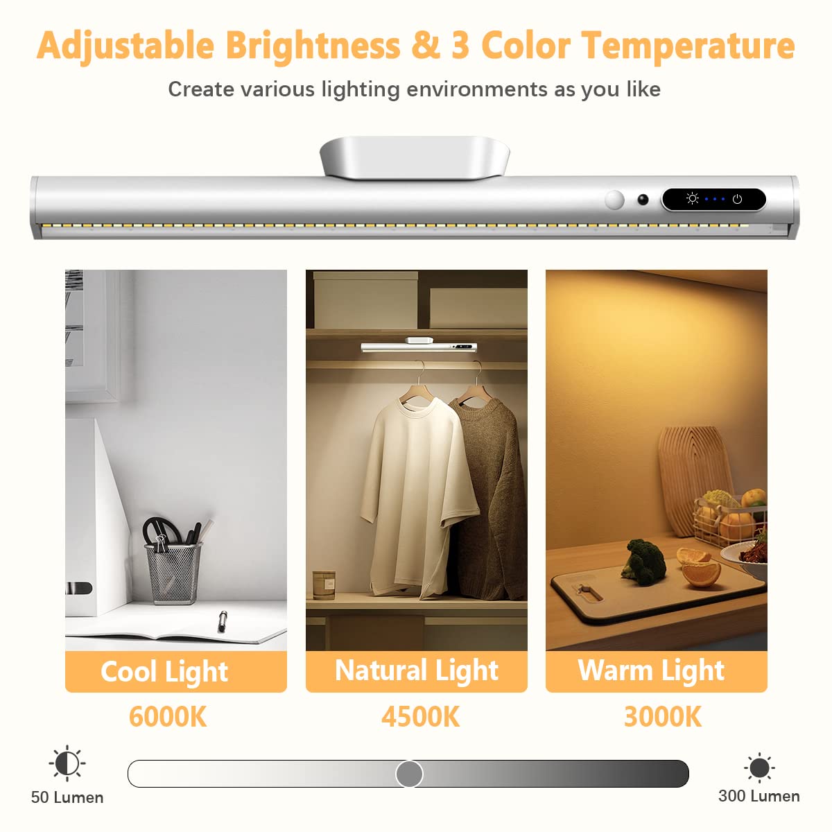 Hapfish Motion Sensor LED Light Bar, Rechargeable Magnetic Wireless Under Cabinet Lighting, Aluminum, Silver, Model YZYP350-SR04