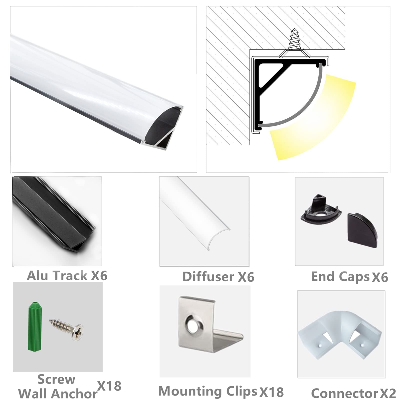 Thmoother Uv Resistance 3.28Ft V Shape Led Strip Black Channel Diffuser,6-Pack Aluminum Profiles With Frosted Cover And Corner Connector, Tape Track For Cabinet Stairs Wall Outdoor (3.28Ft, 6)