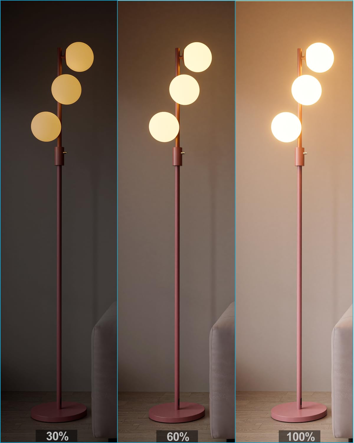 Acohook 64In Dimmable Pink Floor Lamp, Tall Standing Lamps With 3 Globe Soft Warm White Eye Care 3000K G9 Bulbs, Mid Century Mod