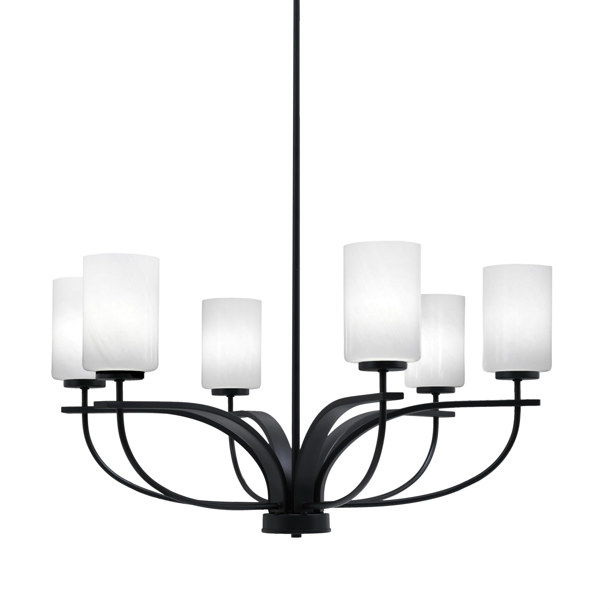 Toltec Lighting Cavella 6 Light Chandelier Shown in Matte Black Finish with 4&quot; White Marble Glass