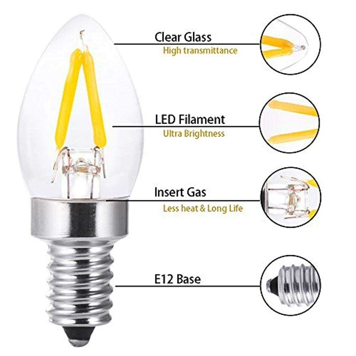 Lxcom Lighting E12 C7 Led Filament 2W Night Light Bulbs 20W Replacement Vintage E12 Base Candle Bulbs Clear Daylight White 6000K