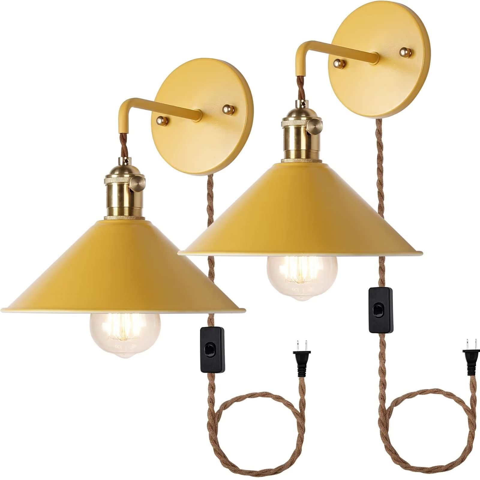 iYoee Wall Sconces Set of Two, E26 Edison Brass Holder, Plug-in, Iron, Yellow, 2 Pack, Model MKL07-2/Yellow