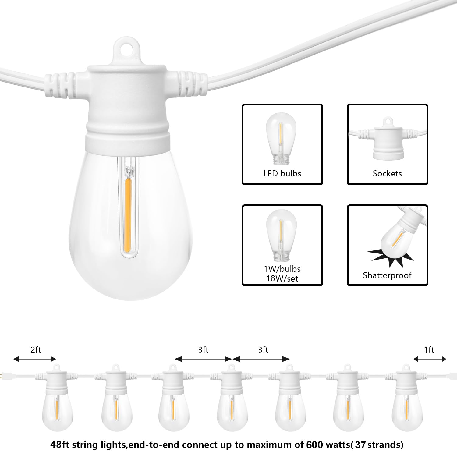 Sunthin White String Lights, 48Ft White Outdoor Lights With 16 1W Shatterproof Led Bulbs For Patio, Garden, Backyard, Porch, Caf