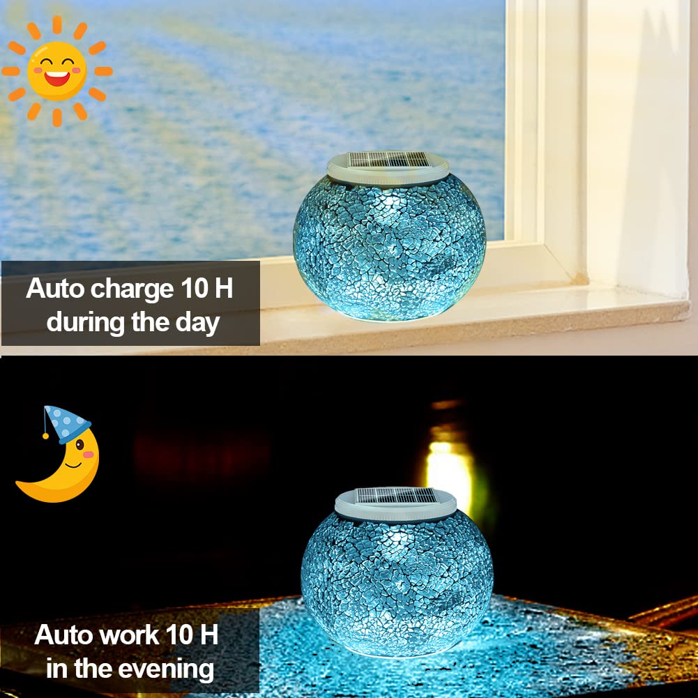 Aukora Solar Powered Color Changing Glass Ball Lights, Waterproof LED Night Light, Big Size, Cyan, Model AU-SOTABLE-01