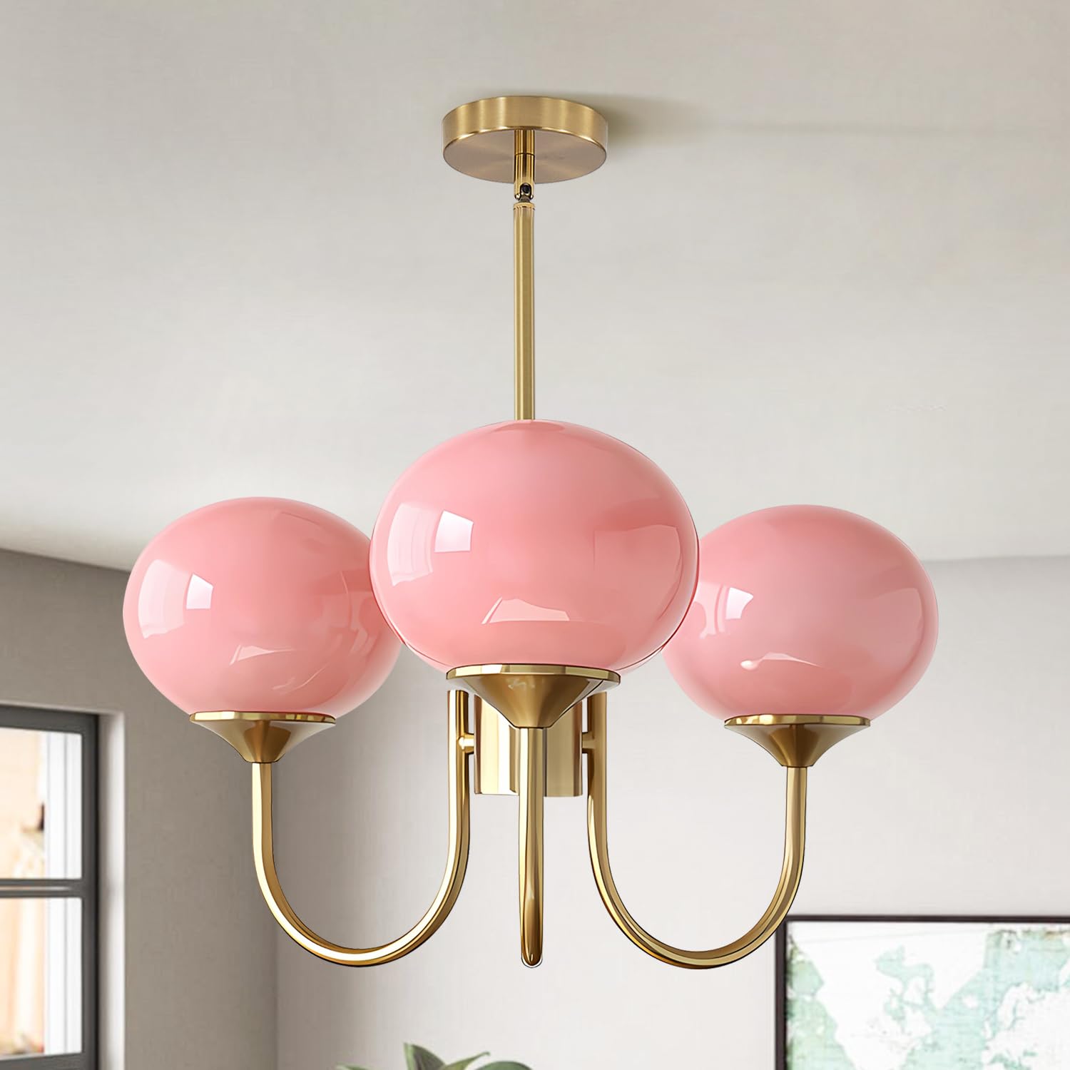 Flyrose Pink Globe Chandelier for Girls Room Mid Century Modern 3 Light Pendant Lights Vintage Gold Semi Flush Dining Room Light Fixture Retro Pink Ceiling Lamp