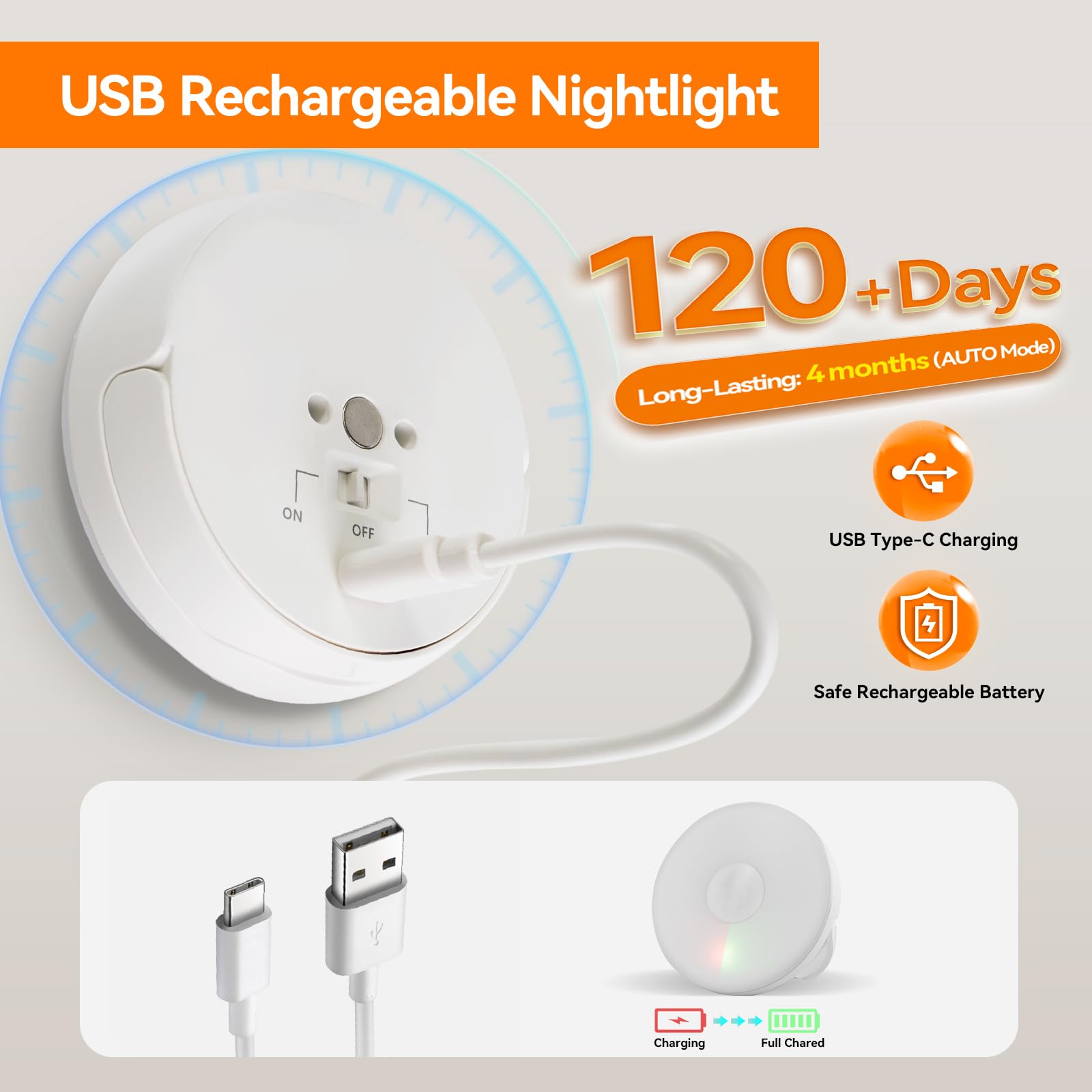 Dawnrise Motion Sensor Night Light With Rechargeable Battery(4 Pack), Magnetic Warm White Night Lights With On-Off-Auto Mode For