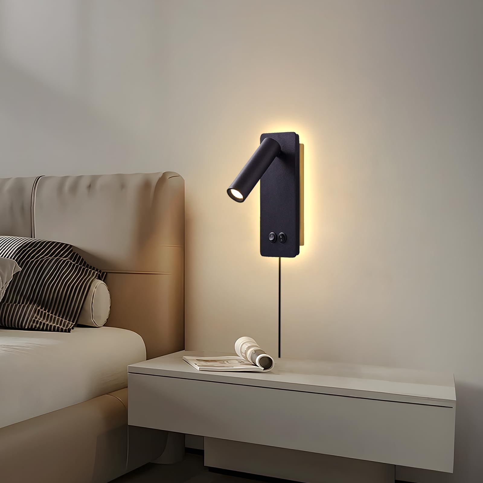 MOLUOLA LIGHTING LED Wall Sconce, Black Metal, Adjustable Backlight, 3W+12W, 1 Pack, Model S07b Black-1