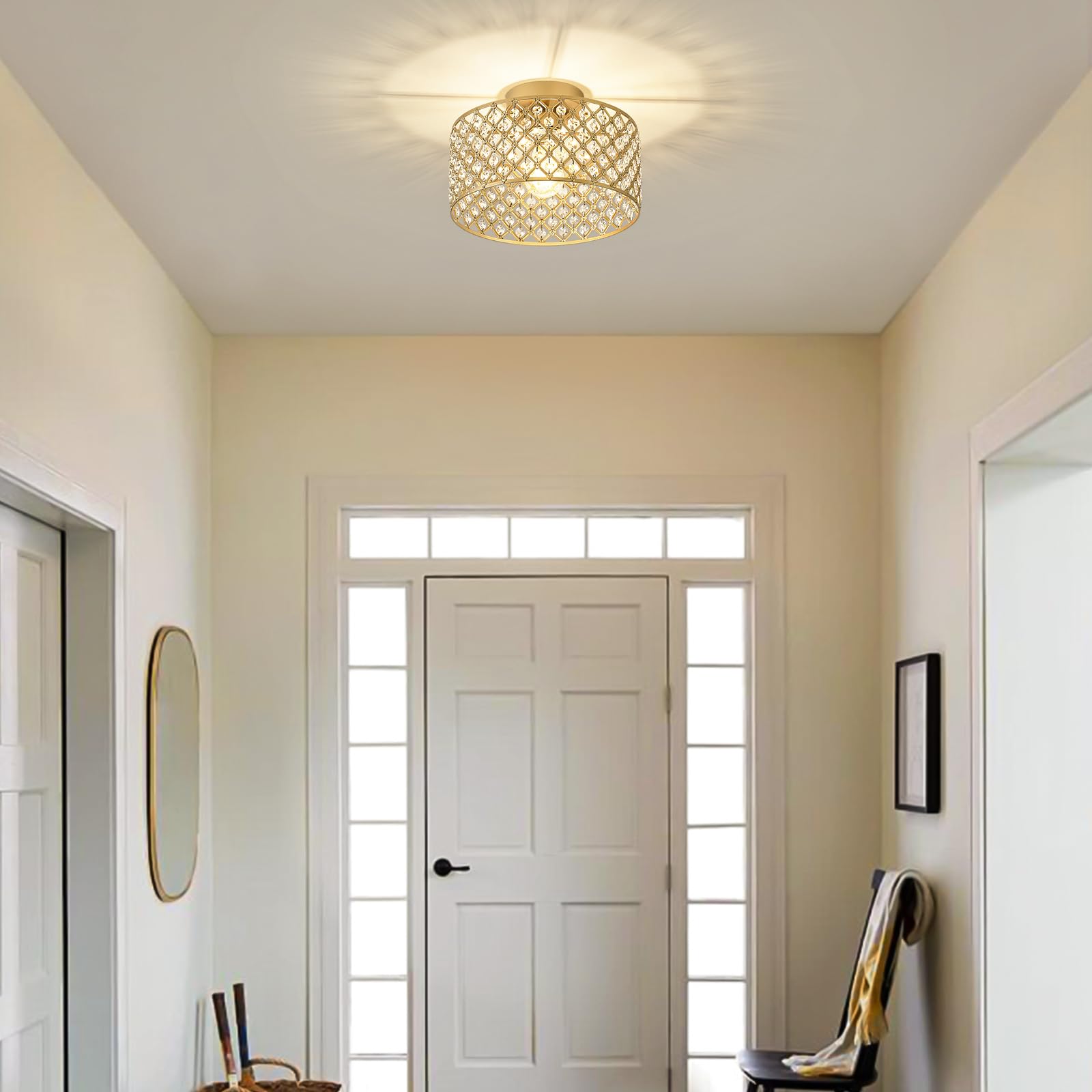 BZVESR Gold Crystal Ceiling Light Fixture, Modern Semi Flush Mount, 11.2 in, for Dining Room, Kitchen, Bedroom, Model 20251213004