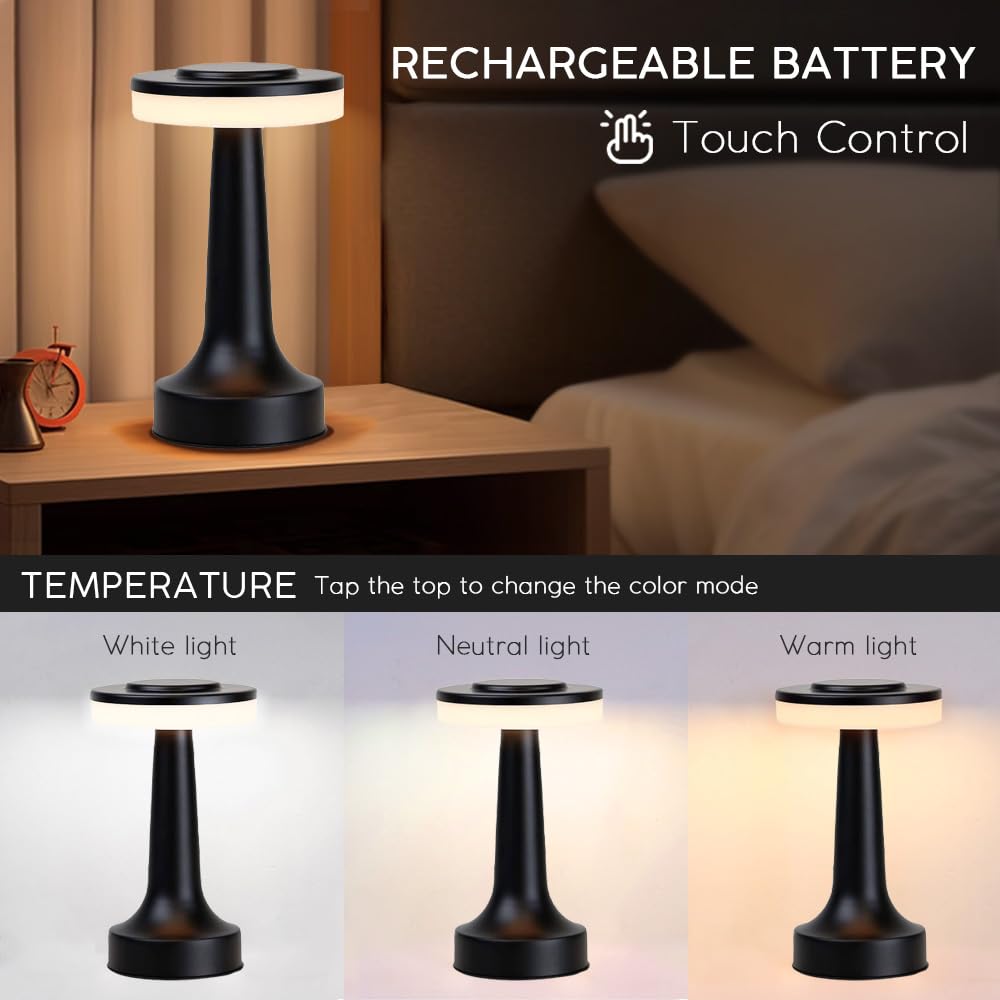 JHPGEOE Cordless Metal Desk Lamp, Touch Sensor, 3 Color Dimmable, 10x3x3 inches, Black, Model JSYLD-01