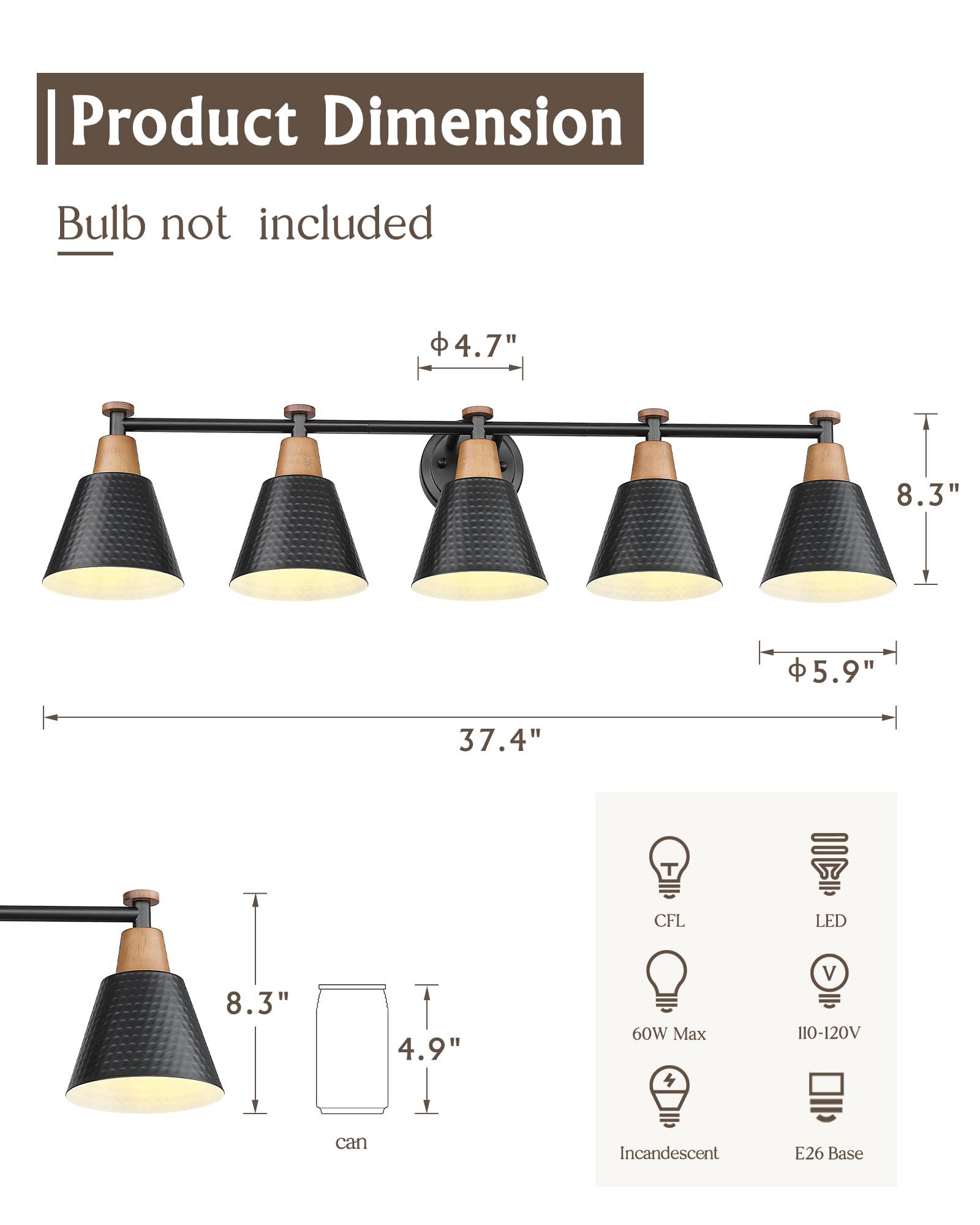 FEMILA Black Vanity Light Fixture, 37" Matte Black Metal Bathroom Lighting, Model 4FG59B-5W BK