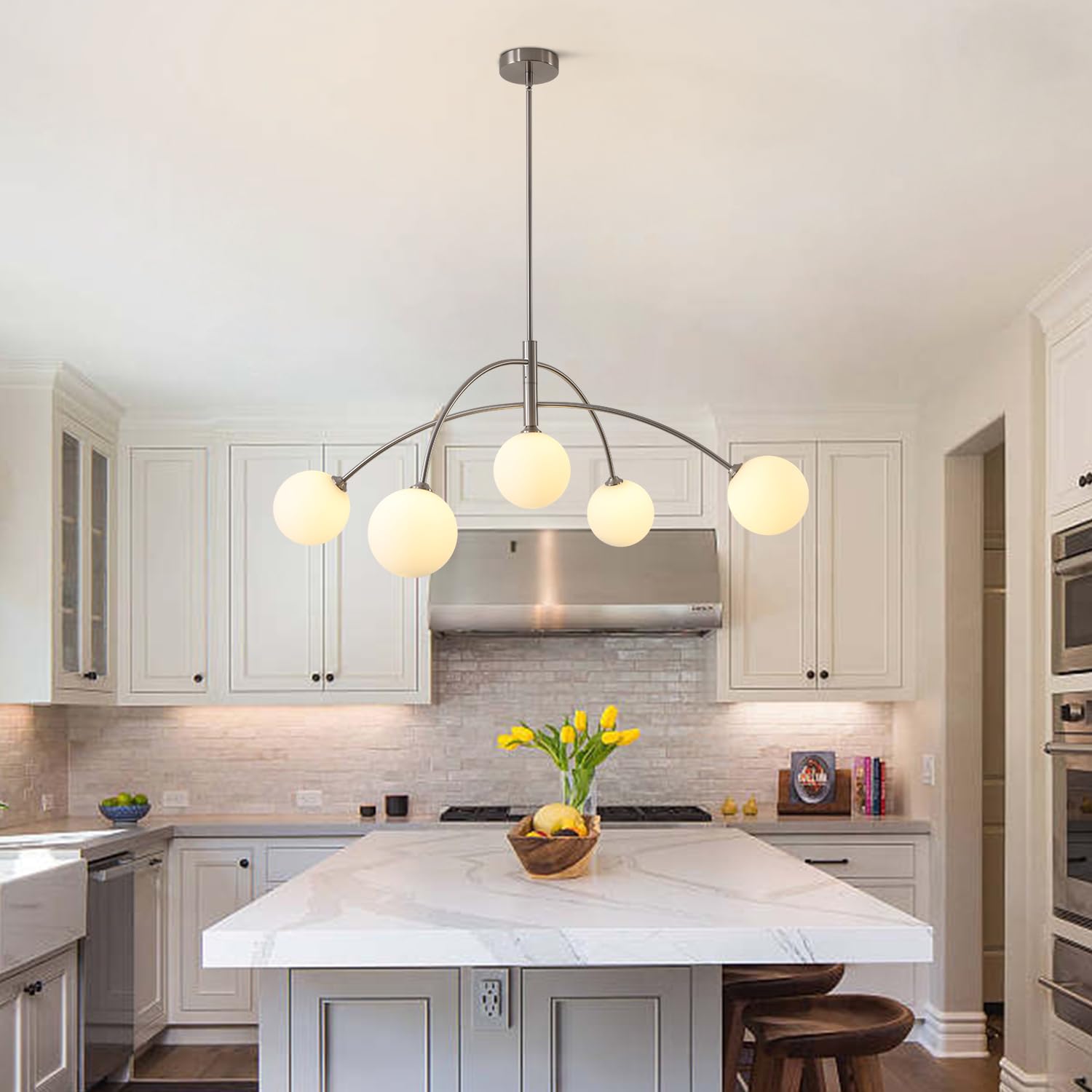 Fulesi Mid Century Modern Chandelier 5 Light Silver Sputnik Light Fixture With White Glass Globe Adjustable Modern Sputnik Chand