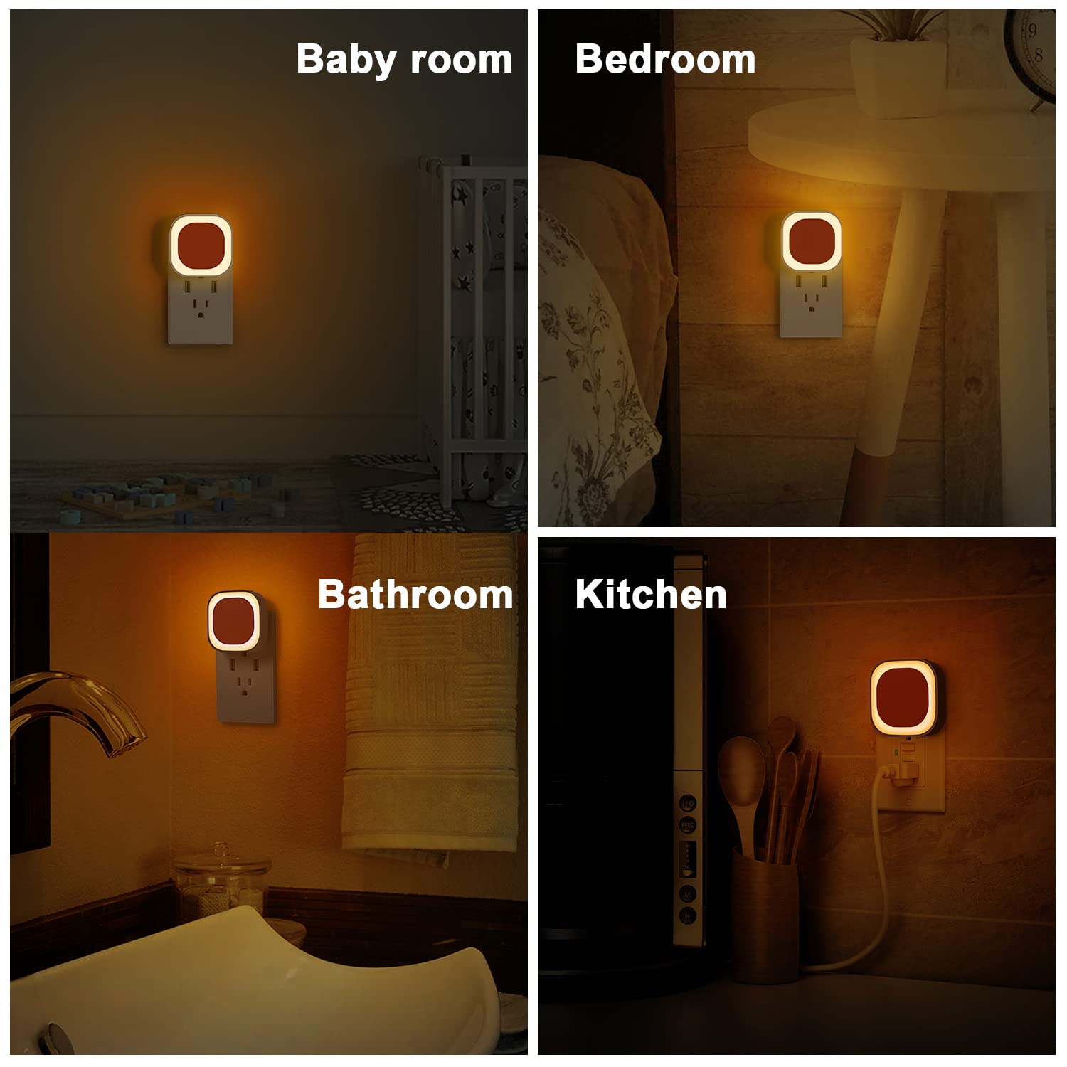 YUNLEX Dimmable Amber Night Light 4 Pack with Auto Dusk to Dawn Sensor, Soft Glow LED for Kids, Bathroom, Hallway, Bedroom, Model NLS21