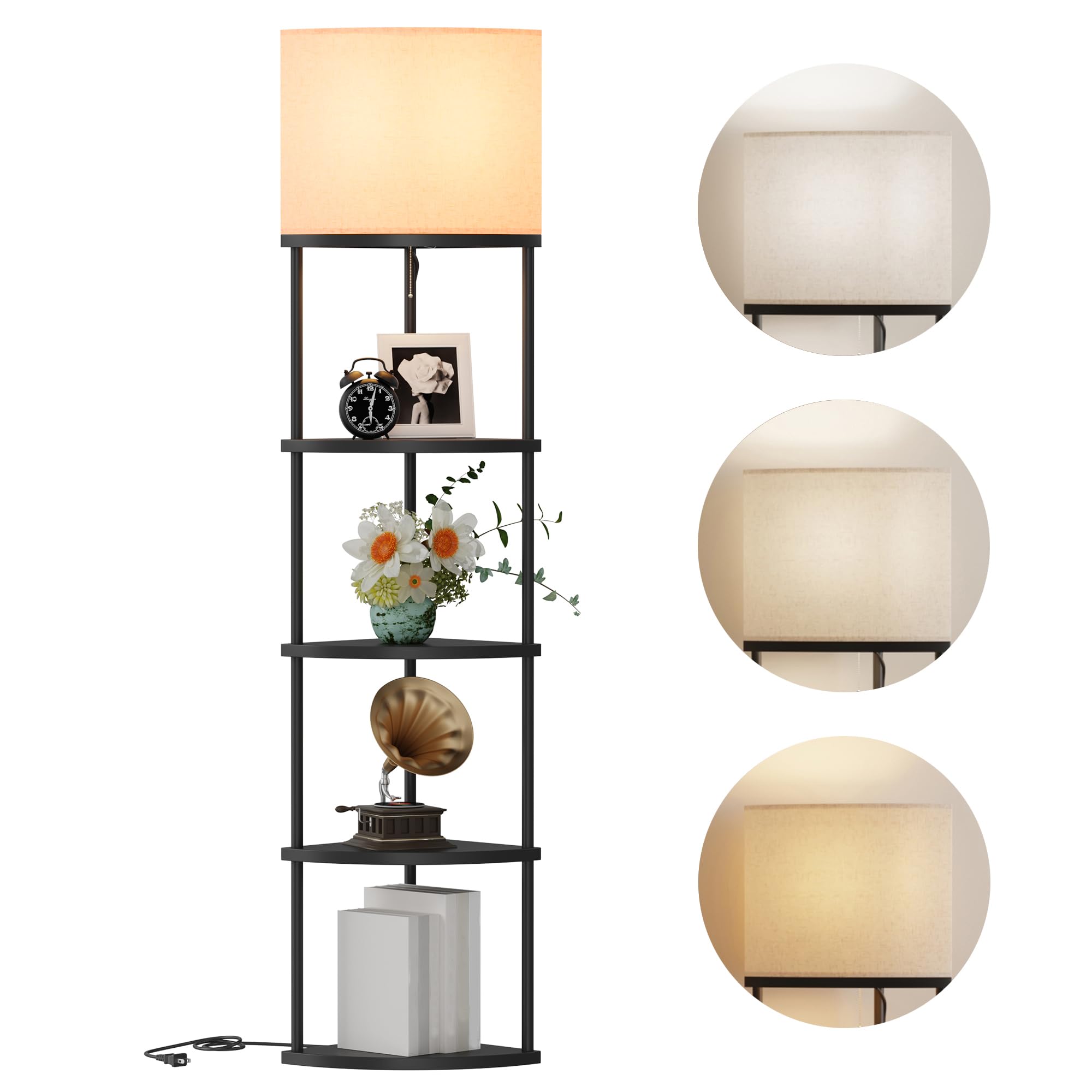 Qupui Floor Lamp with Shelves, Modern 5 Tier Corner Shelf Lamp with 3 Color Temperature Bulb, Storage Home Decor Organizer Shelv
