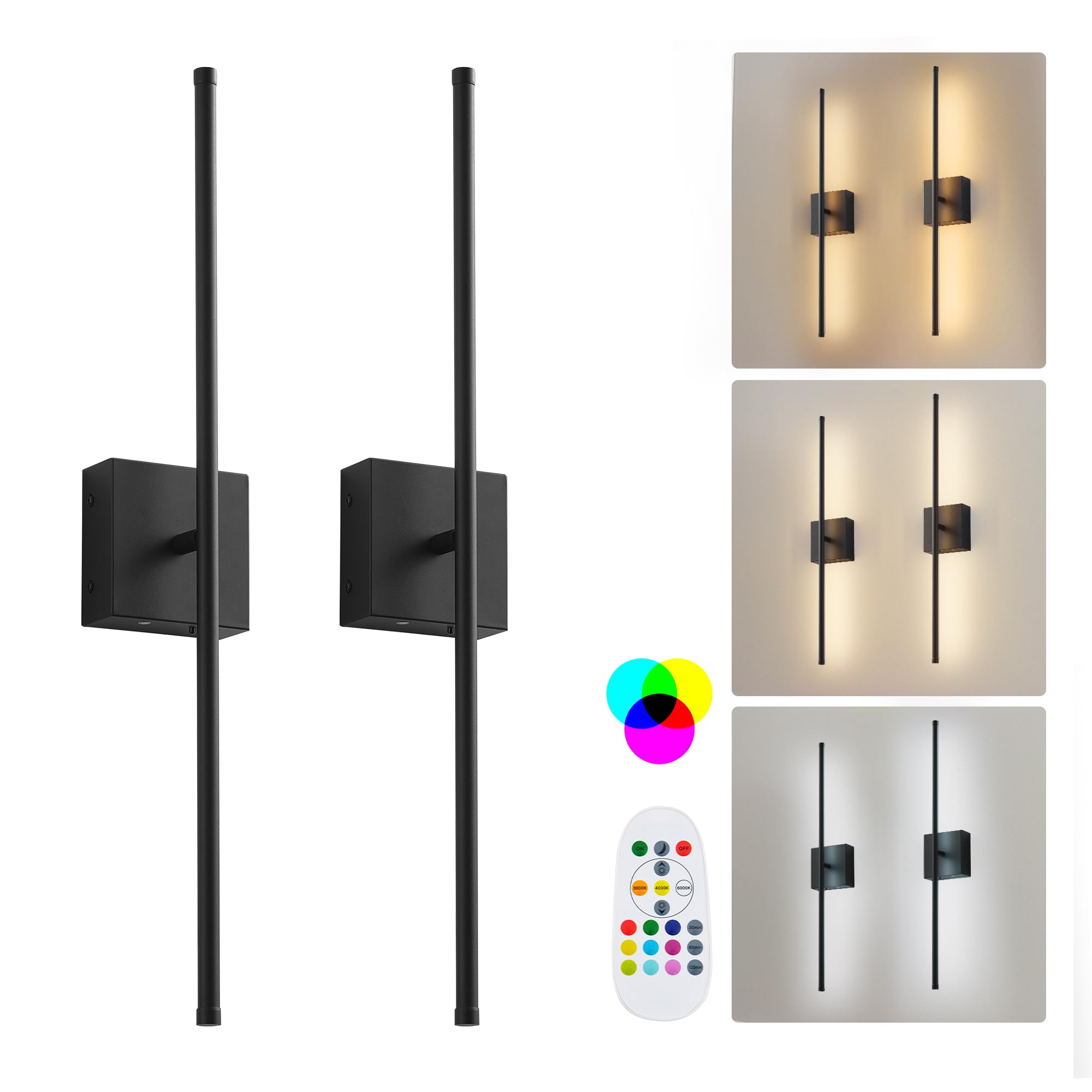 KARTOOSH Wireless Wall Sconces Set of Two, Remote Control, Dimmable, RGB Colors, 32.2 Inch, Black, Model ZM210BBLR80