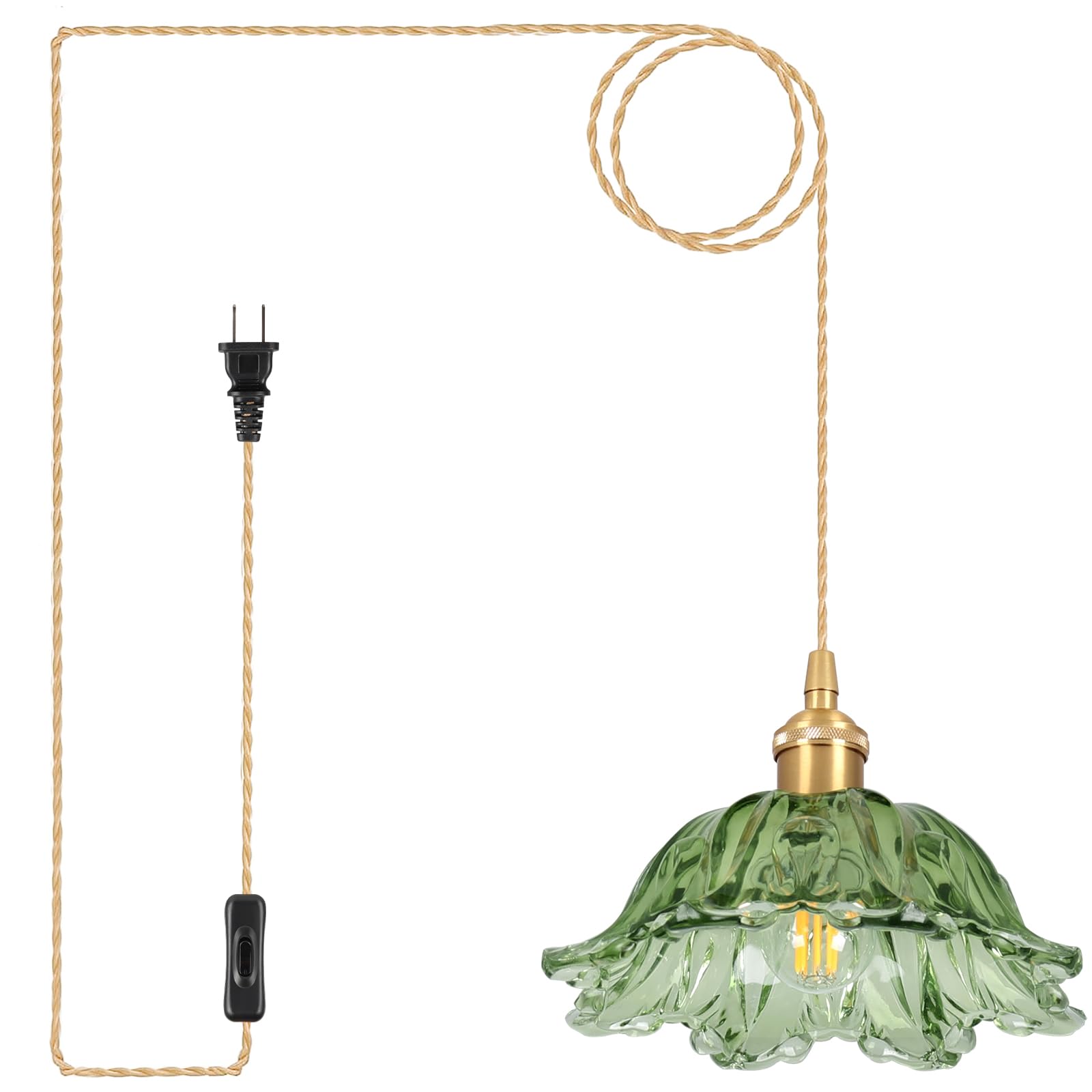 Loiogohot Plug-in Pendant Light Fixture, E26 Green Glass Lampshade, On/Off Switch, 10.6in, for Kitchen Island, Bedroom, Dining Room