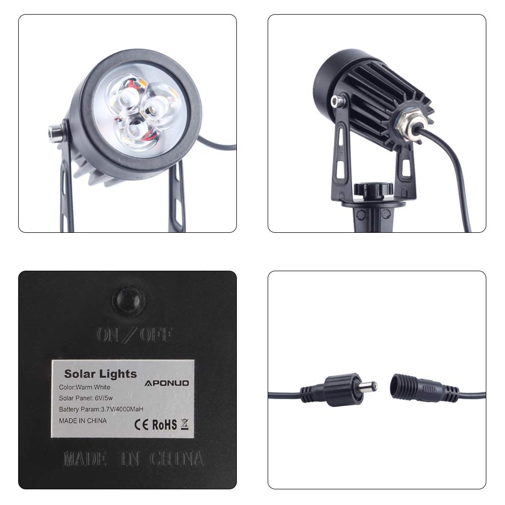 APONUO Solar Spotlights - Low Voltage Outdoor Lights, IP65 Waterproof, 4 Cool White, 4-in-1, 9.8ft Cable, Aluminum, White