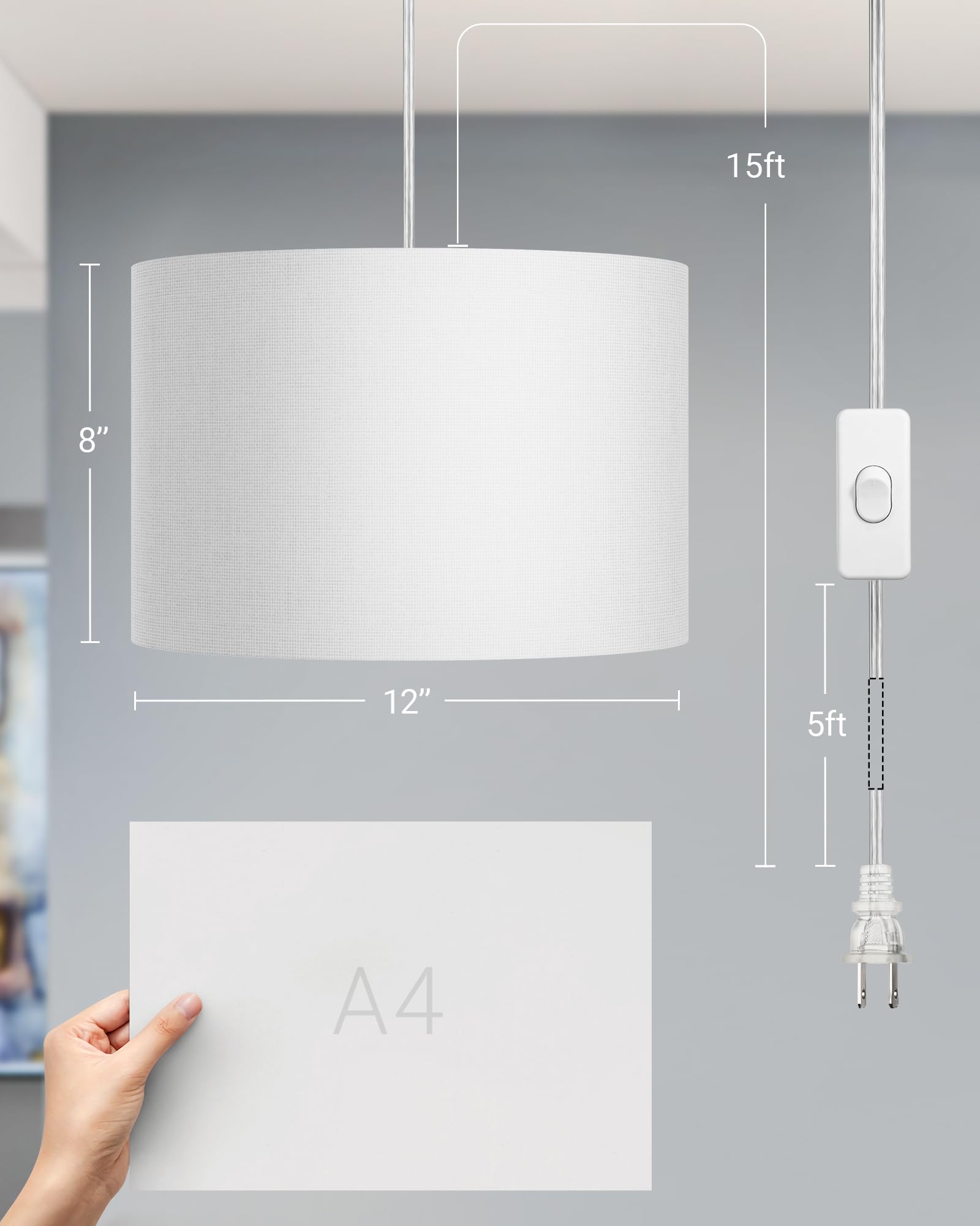 Dewenwils Hanging Pendant Light With Plug In Cord, Plug In Wall Light With 15Ft Cord, On/Off Switch, White Fabric Lamp Shade, Ha