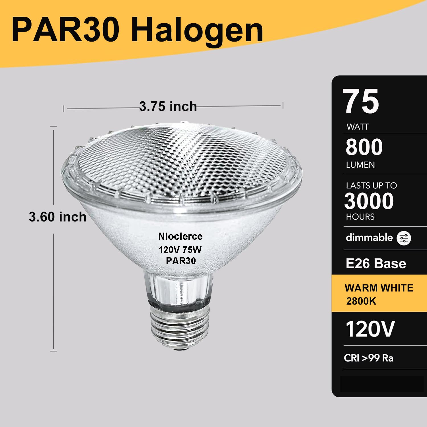 Nioclerce Par30 Halogen Short Neck 75W 120V 800Lm, 2 Pack High Output Halogen Par30 Dimmable 2800K Warm White, E26 Long Lifespan