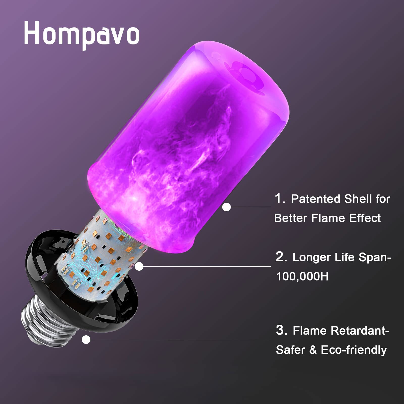 Hompavo Led Flame Light Bulbs - 4 Modes, E26/E27, Halloween & Christmas Decor, Purple, 4 Pack