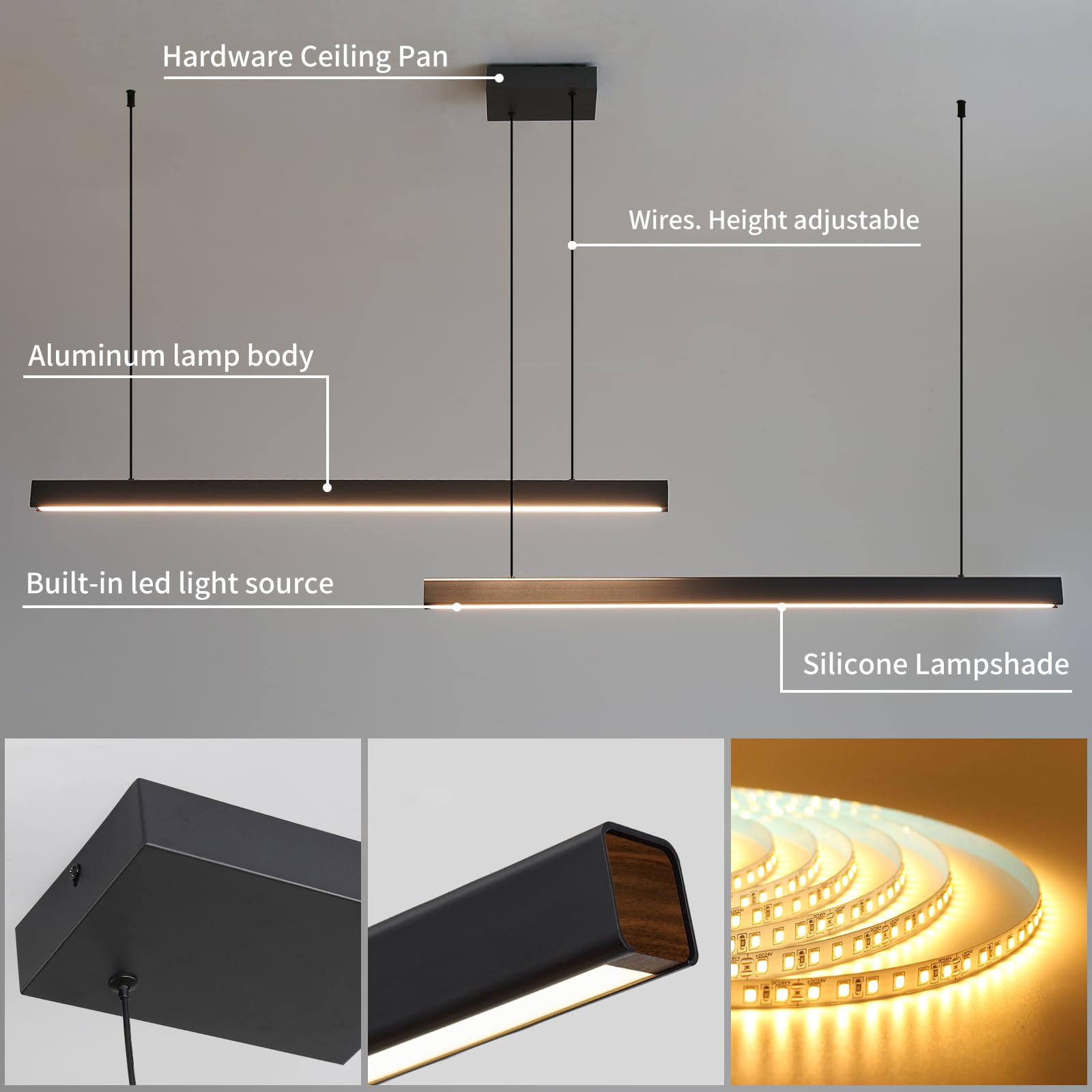 Mikeru Modern 2-Light Chandelier, Aluminum Pendant Light, Remote Control, 39IN, E-Black, Model YZPJ