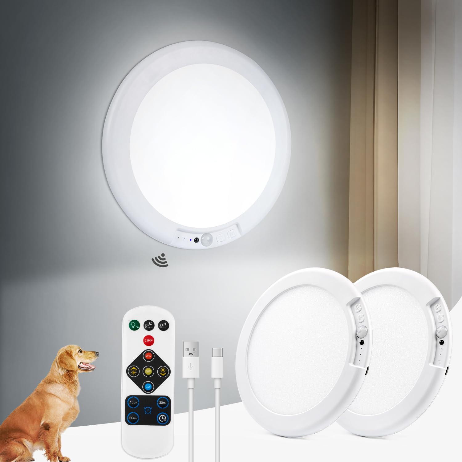 Aggforbl 2Pcs Battery Powered Ceiling Light Without Wiring, 7.48'' Rechargeable Closet Lights Motion Sensored 3000K/4500K/6500K,