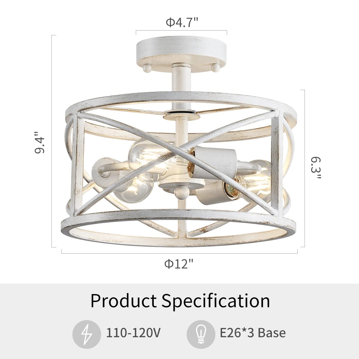 WUZUPS 3-Light Vintage Farmhouse Chandelier, Antique White, H 9.4" x W 12", E26 Base, Industrial Semi-Flush Mount Fixture