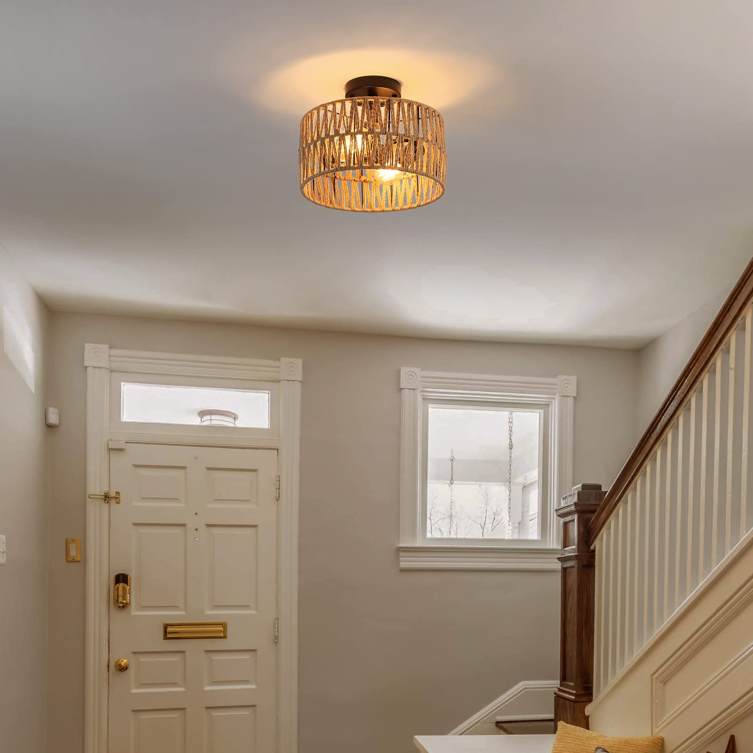 Hchunqjor 2-Light Coastal Woven Flush Mount Light Fixture Rustic Industrial Hemp Rope Semi Flush Mount Ceiling Light For Hallway