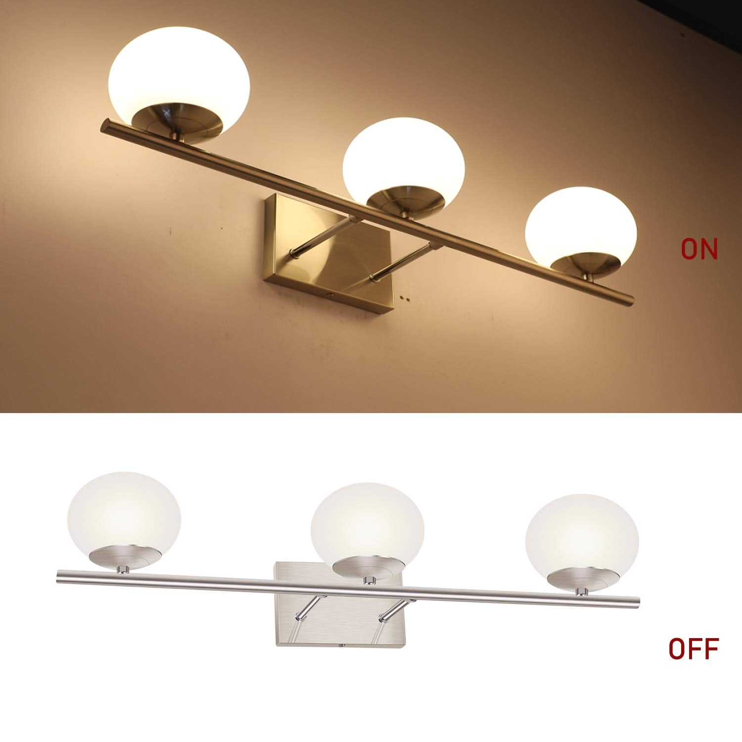 YHTlaeh New Bathroom Vanity Light Fixtures 3 Lights Brushed Nickel Glass Shade Modern Wall Bar Sconce Over Mirror