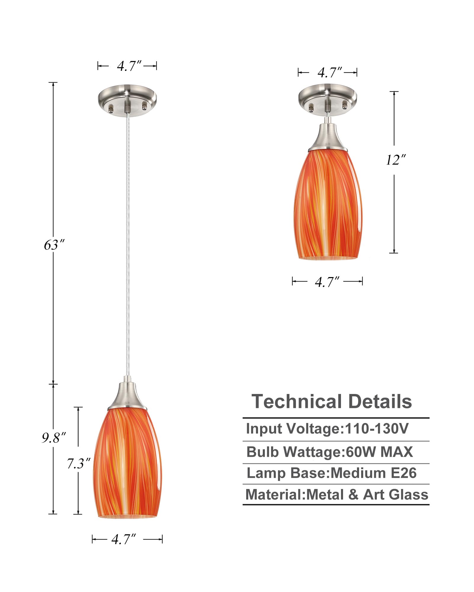 Karyfine Art Glass Mini Pendant Lights For Kithen Island Blown Glass Pendant Lighting Shade With Brushed Nickel Finish 3Pack Hanging Pendant Light Kitchen Counter,Dining/Living Room Red Orange