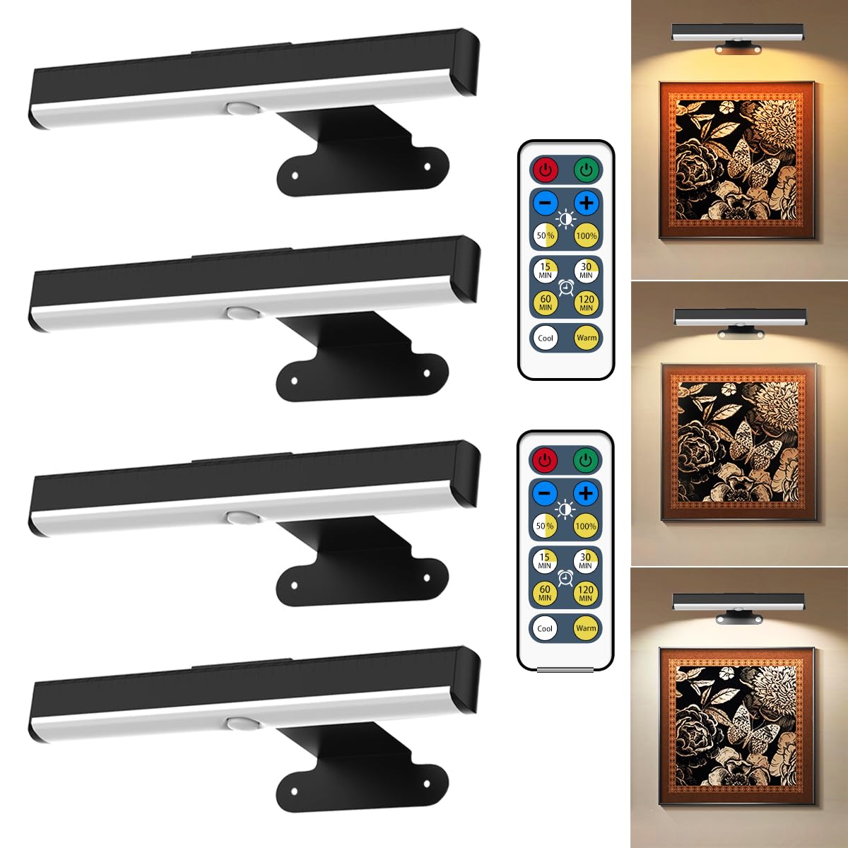 4Pack Wireless Picture Light With Remote,Battery Operated Wall Sconces For Wall Decor,3 Color Timer&Dimmable Paintings Light Led