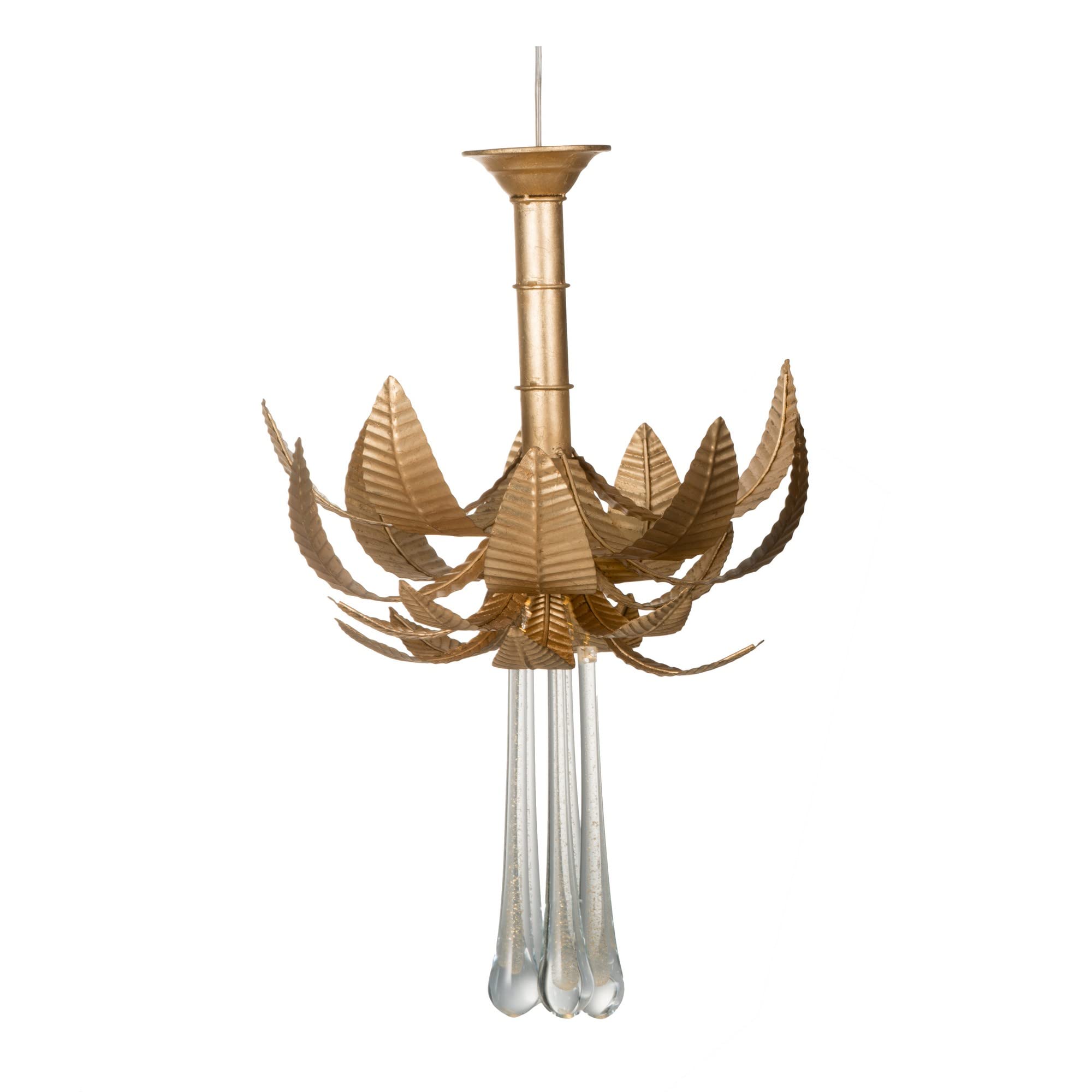 Benjara 20 Inch Chandelier, Textured Leaves, Glass Clear Crystals, Modern, Gold