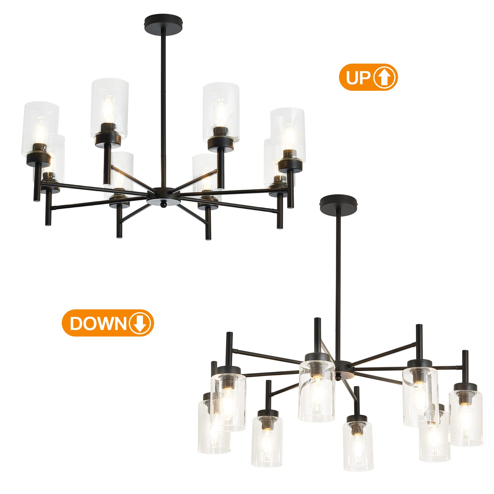Hesoge Black 8-Light Large Modern Chandelier,Clear Glass Metal Ceiling Light Fixture,Farmhouse Pendant Hanging For Kitchen Dinin