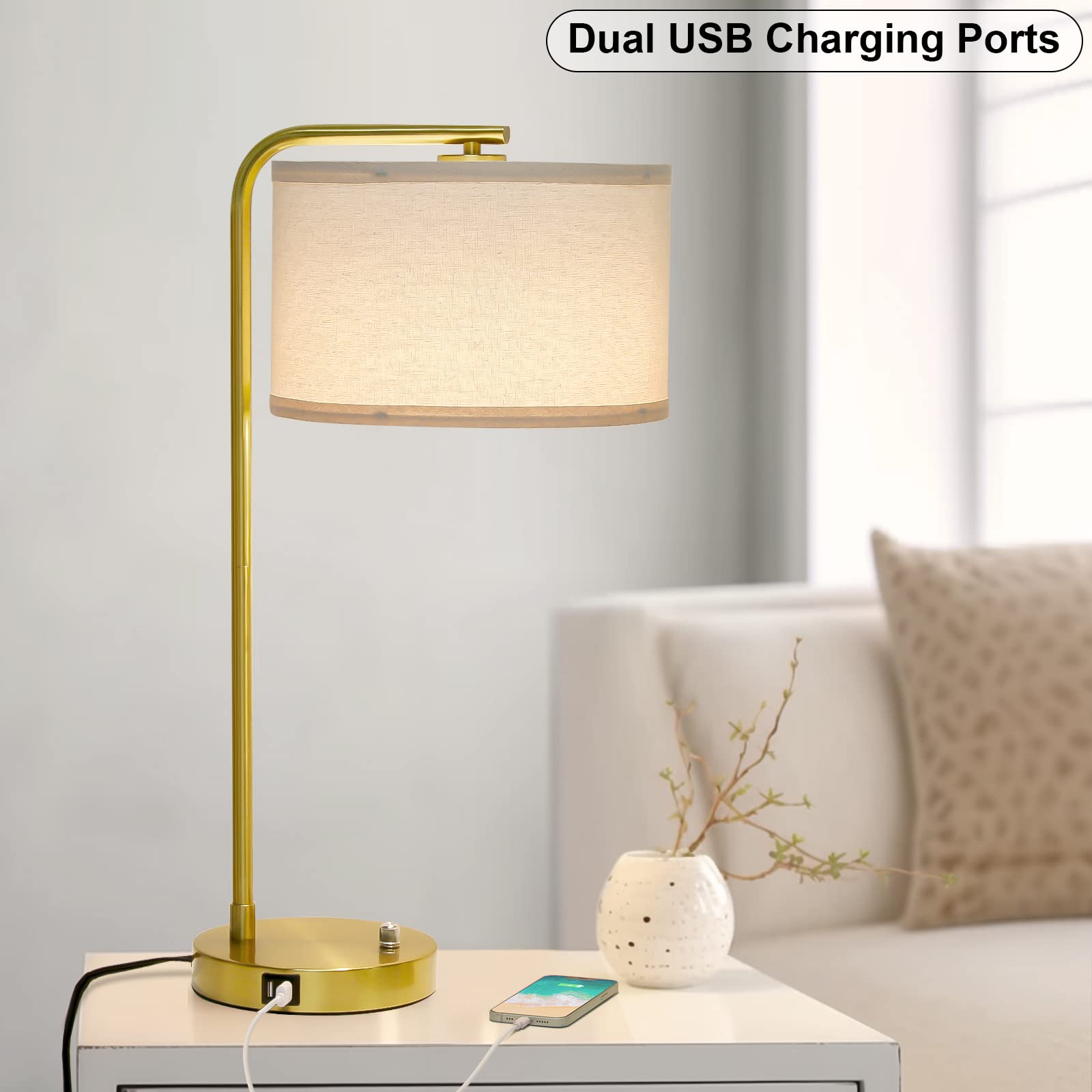 Fully Dimmable Bedside Lamp With Dual Usb Ports, Mordern Gold Nightstand Lamp Desk Reading Lamp With Beige Drum Shade, Tall Side
