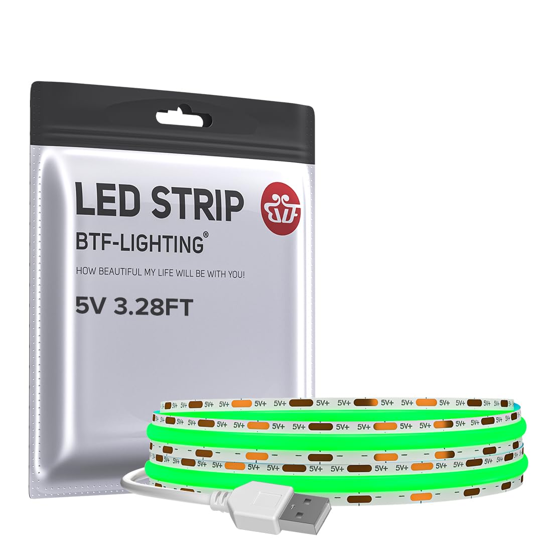 Btf-Lighting Fcob Usb Powered Green Color Cob Led Strip Lights 3.28Ft 320Leds 5V 8Mm Width 90+ High Cri Ultra Bright Flexible Light For 3D Printer Tv Backlight Display Cabinet Pc Diy Decor