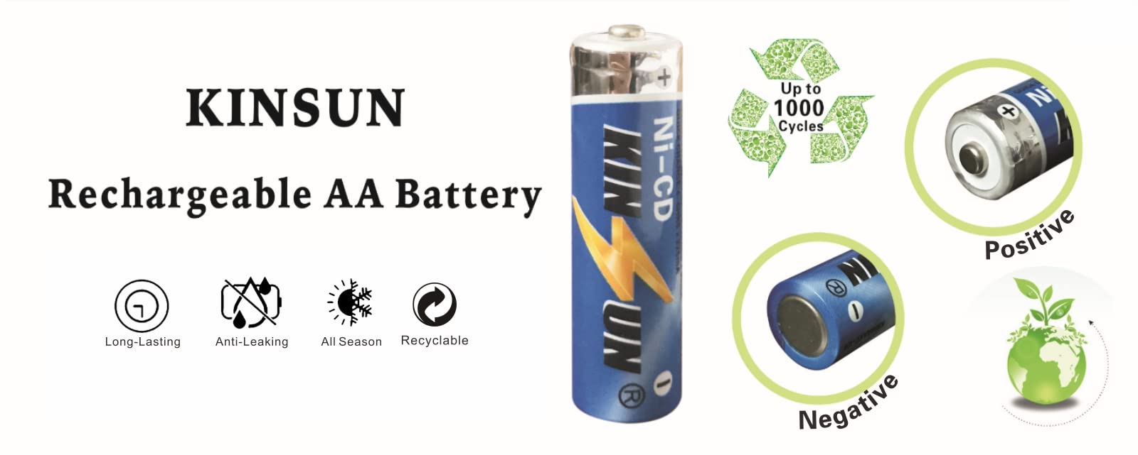 Kinsun 8-Pack Rechargeable Ni-Cd Aa Batteries 1.2V 900Mah For Solar Garden Lights