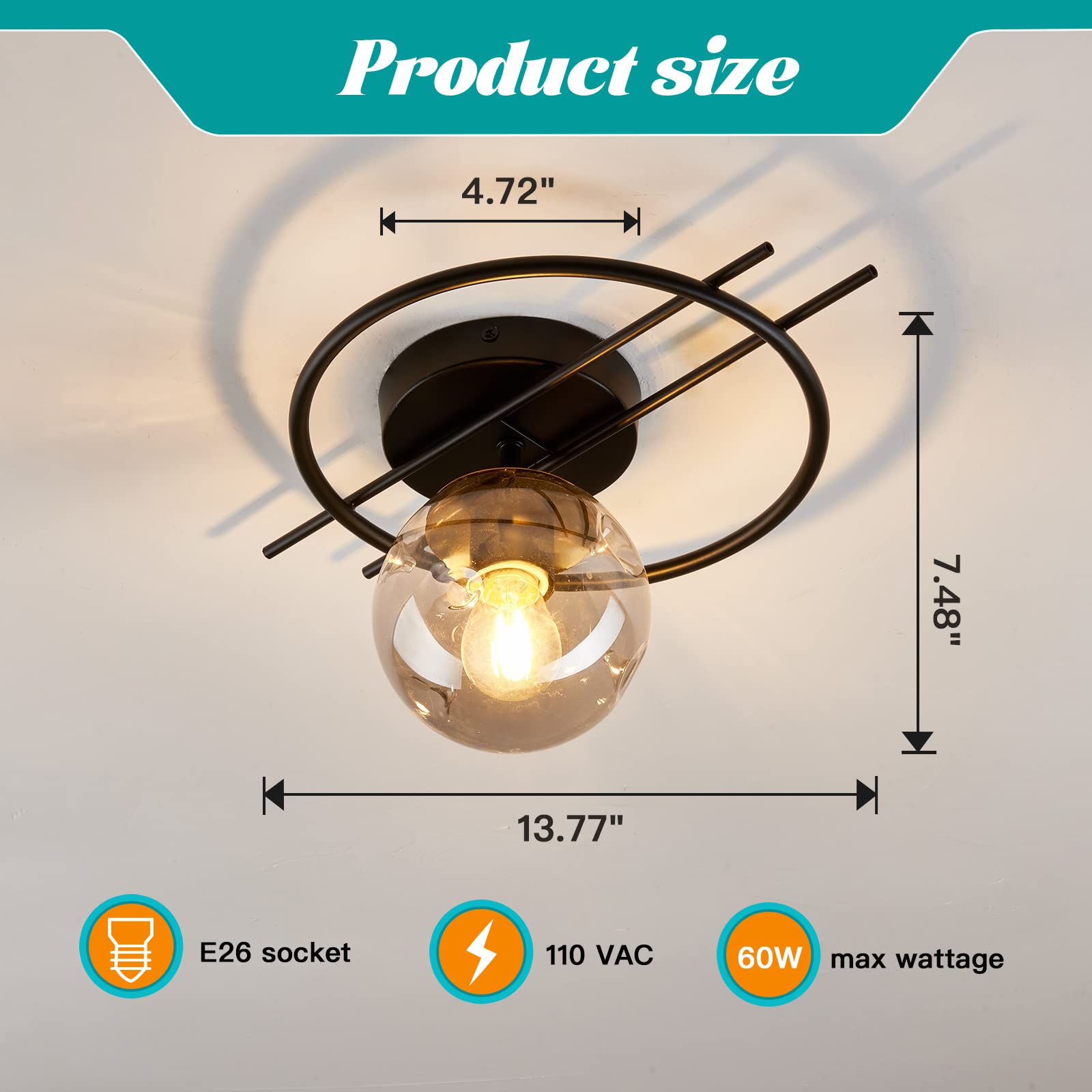 Matte Black & Gold Finish Semi Flush Mount Ceiling Light Fixture Mid Century Modern Chandelier With Glass Globe Small Indoor Lighting For Kitchen Hallway Bathroom Bedroom Closet Farmhouse Proch.