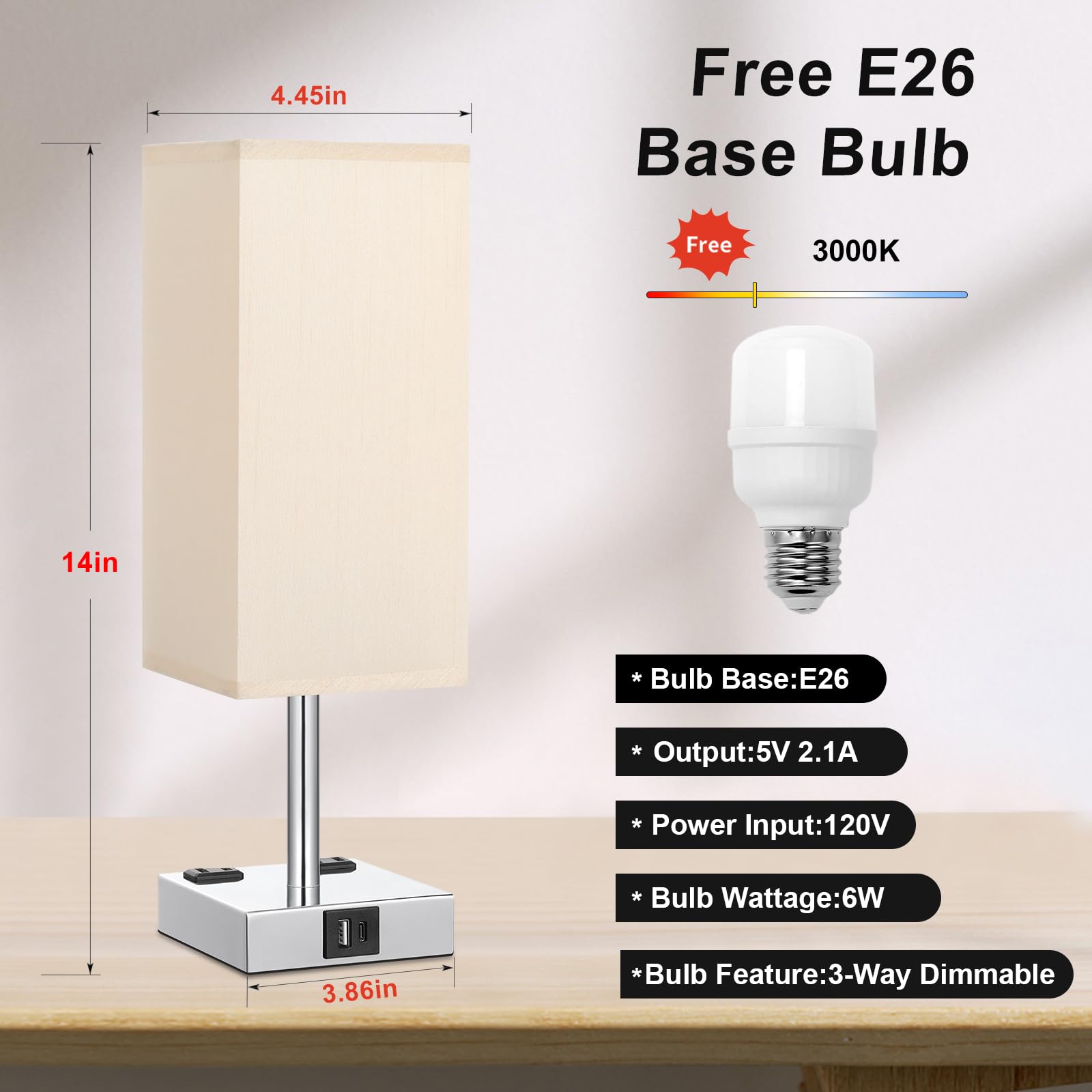 Aooshine Touch Bedside Table Lamp - 3-Way Dimmable, USB A & Type C Ports, AC Outlets, 14in, Blanched Almond & Silver, Model
